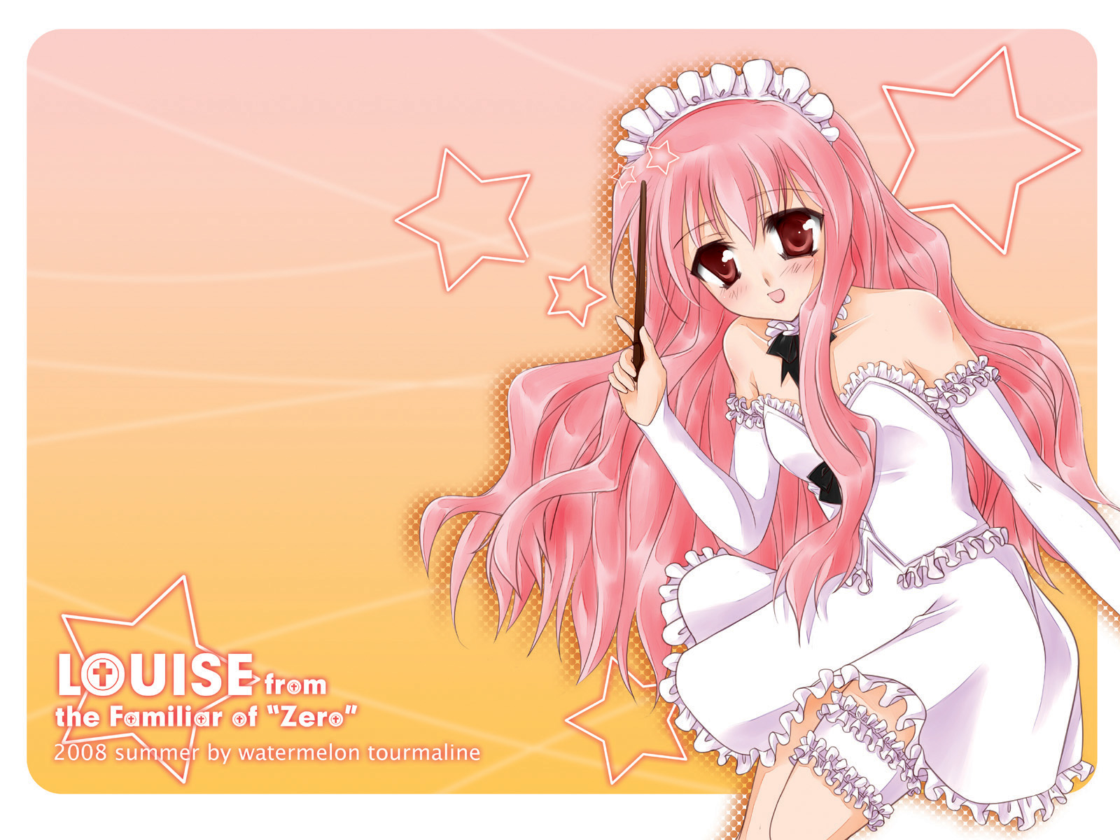 kohaku (raynart), louise francoise le blanc de la valliere, zero no tsukaima, bad id, bad pixiv id, highres, 00s, 1girl, 2008, bare shoulders, blush, character name, copyright name, elbow gloves, female focus, gloves, headdress, pink eyes, pink hair, smile, solo