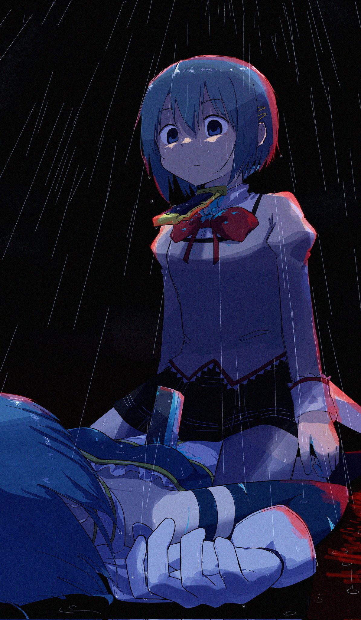 miki sayaka, miki sayaka (magical girl), mahou shoujo madoka magica, mahou shoujo madoka magica (anime), commentary request, highres, 2girls, aokabi 256, black skirt, blood, blue shirt, dual persona, empty eyes, gloves, hair between eyes, hair ornament, hairclip, magical girl, mitakihara school uniform, multiple girls, neck ribbon, pleated skirt, puffy sleeves, rain, red ribbon, ribbon, school uniform, shirt, short hair, skirt, straddling, strapless, strapless shirt, white gloves, yellow shirt