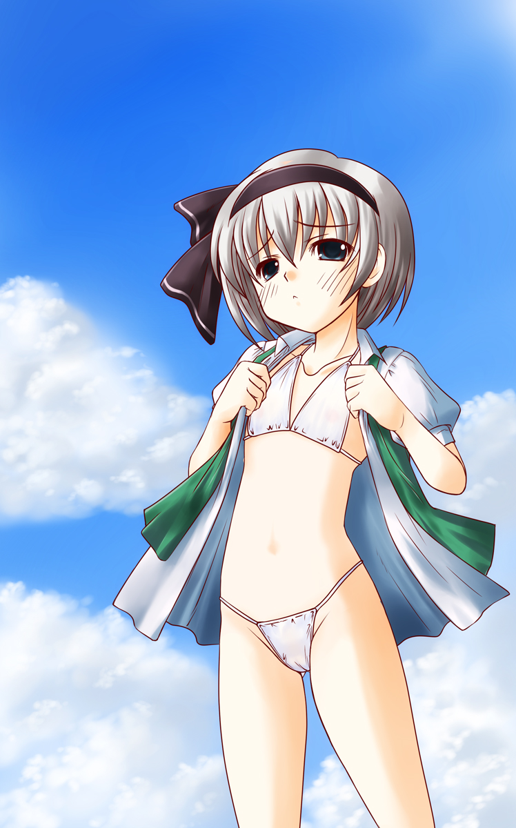 romu, konpaku youmu, touhou, silver hair, highres, 1girl, bikini, bikini under clothes, blue eyes, blush, cloud, day, female focus, flat chest, gradient background, hairband, no pants, open clothes, open shirt, outdoors, ribbon, shirt, short hair, sky, solo, swimsuit, swimsuit under clothes, undressing, white bikini