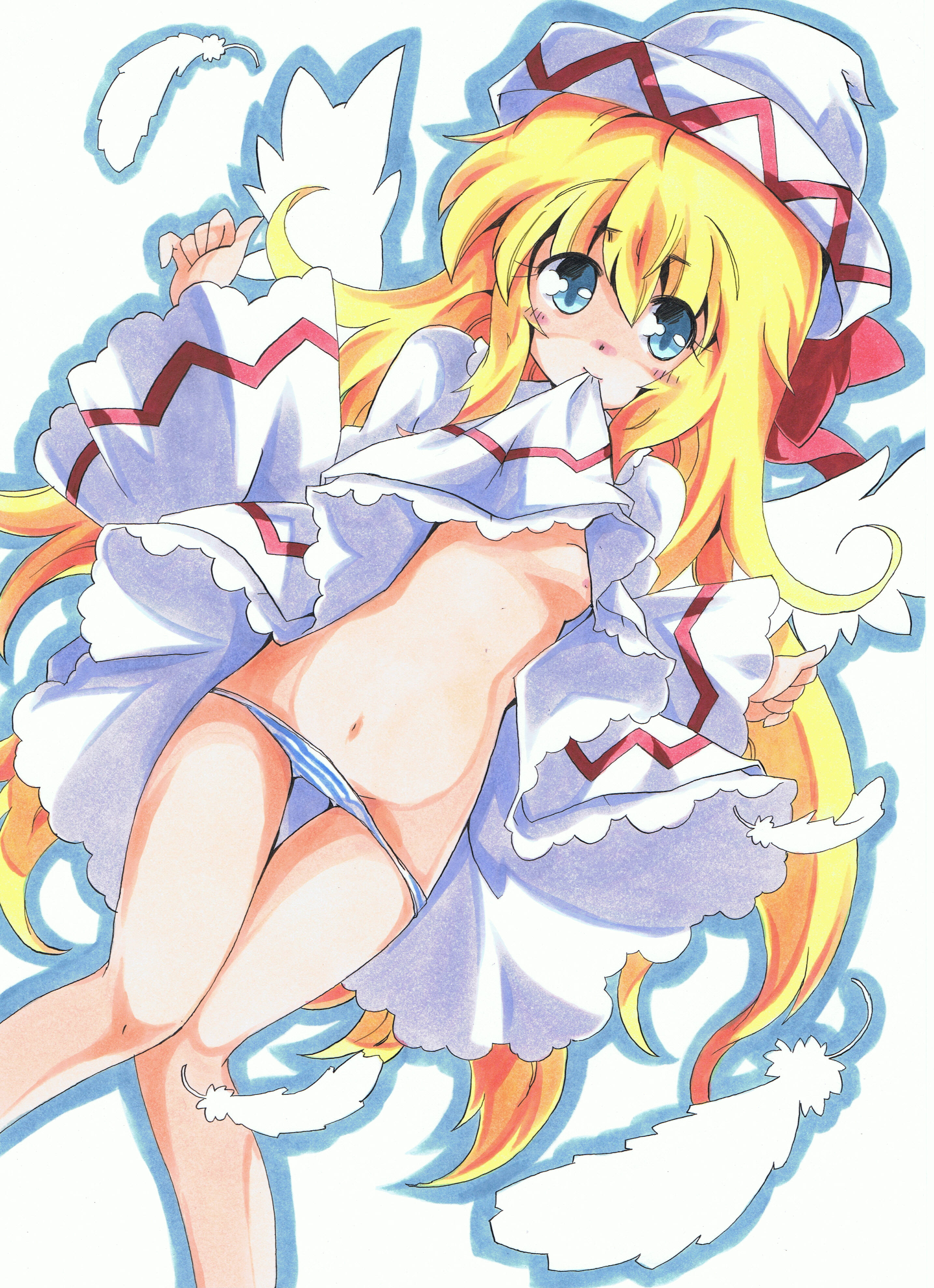milkpanda, lily white, touhou, absurdres, highres, marker (medium), traditional media, 1girl, blonde hair, blue eyes, breasts, feathers, female focus, hat, long hair, medium breasts, mouth hold, navel, nipples, panties, small nipples, solo, striped clothes, striped panties, underwear, wings