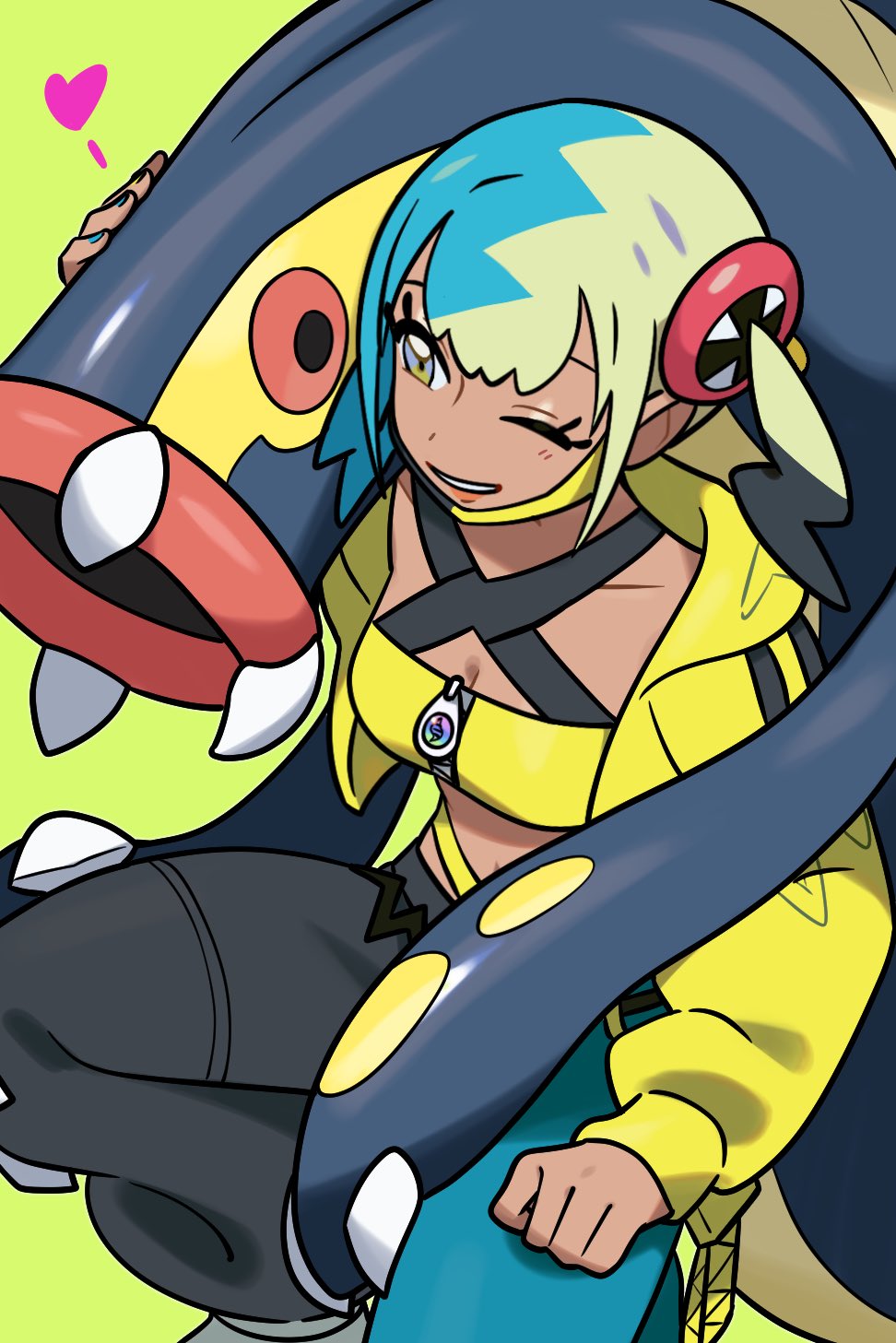 himurohiromu, canari (pokemon), eelektross, nintendo, pokemon, pokemon legends: z-a, commentary request, highres, 1girl, aqua hair, bandeau, black mask, blonde hair, breasts, collarbone, colored sclera, criss-cross straps, dark-skinned female, dark skin, eel, fangs, fish, gen 5 pokemon, grey eyes, heart, jacket, lamprey, long sleeves, mask, mask pull, mega stone, mouth mask, multicolored hair, navel, one eye closed, open mouth, pants, parted lips, pokemon (creature), red sclera, short twintails, smile, split-color hair, sports bra, twintails, two-tone hair, two-tone mask, two-tone pants, yellow bandeau, yellow jacket, yellow mask, yellow sports bra