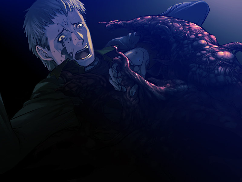 tonoo kouji, tsukuba you, saya no uta, game cg, 1boy, 1girl, blood, blood on face, monster, open mouth, reaching, scared, screaming