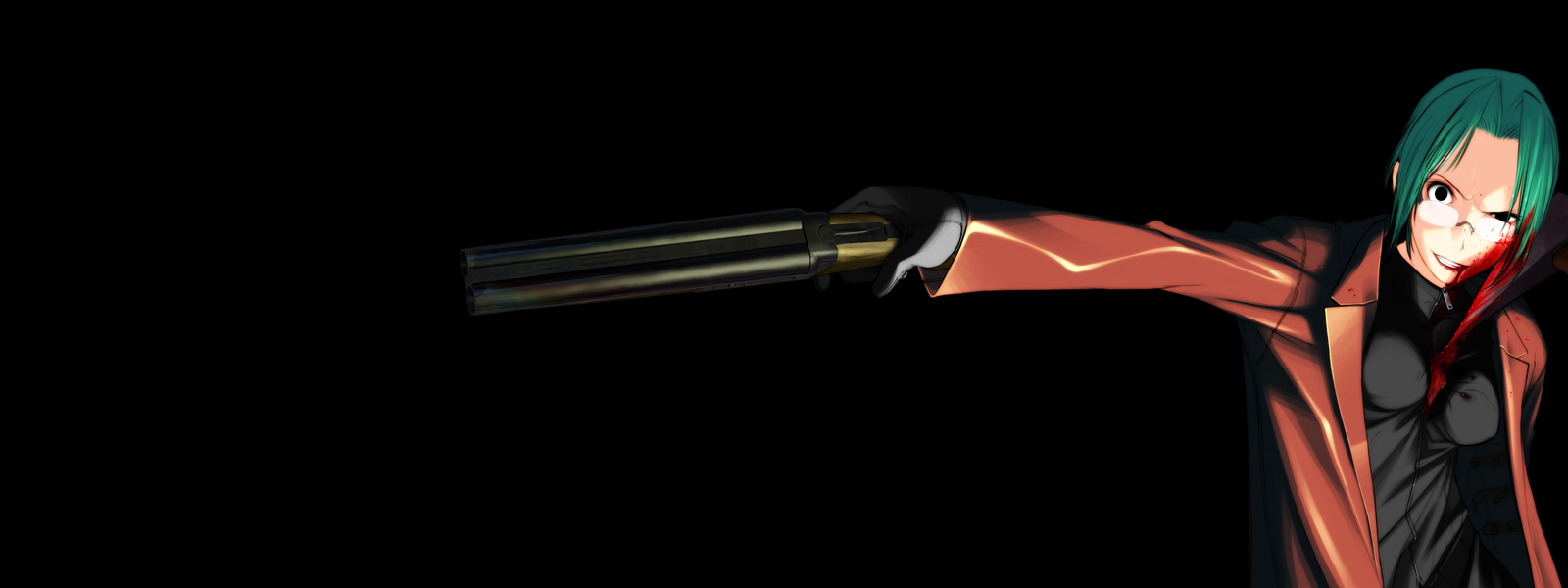 chuuou higashiguchi, tanbo ryouko, saya no uta, game cg, highres, 1girl, aqua hair, black background, black eyes, blood, blood on face, coat, crazy smile, dying, female focus, glasses, grin, gun, injury, sawed-off shotgun, shotgun, smile, solo, trench coat, weapon