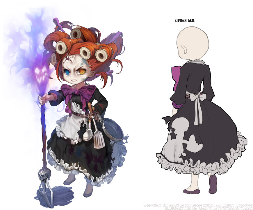 caesty, nexon, tales weaver, commentary request, korean commentary, official art, 2girls, apron, big nanny, black dress, black sleeves, blue eyes, bow, cracked skin, dated commentary, dress, dress bow, dual persona, flats, frilled apron, frilled dress, frills, frown, frying pan, full body, furrowed brow, hair rollers, half updo, hand on own hip, heterochromia, holding, holding mop, ladle, legs apart, long sleeves, monster girl, mop, multiple girls, multiple views, pale skin, petticoat, production art, purple bow, purple shoes, red eyes, ribbon, shoes, short hair, simple background, sleeve cuffs, spatula, standing, torn apron, torn clothes, torn dress, white apron, white background, white ribbon, yellow eyes