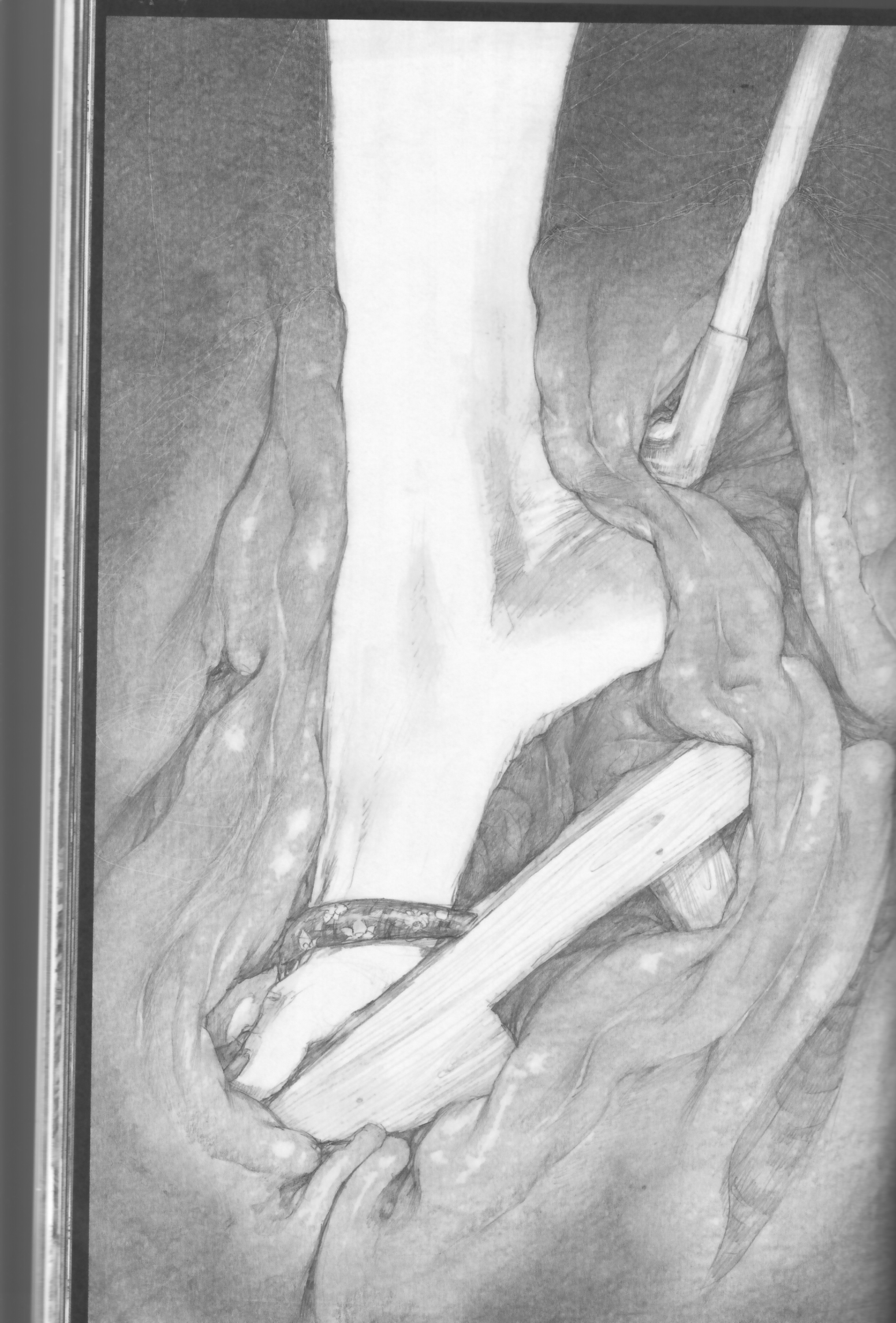 hiroaki samura, highres, scan, anal, feet, foot insertion, geta, guro, large insertion, monochrome, object insertion, pencil, x-ray