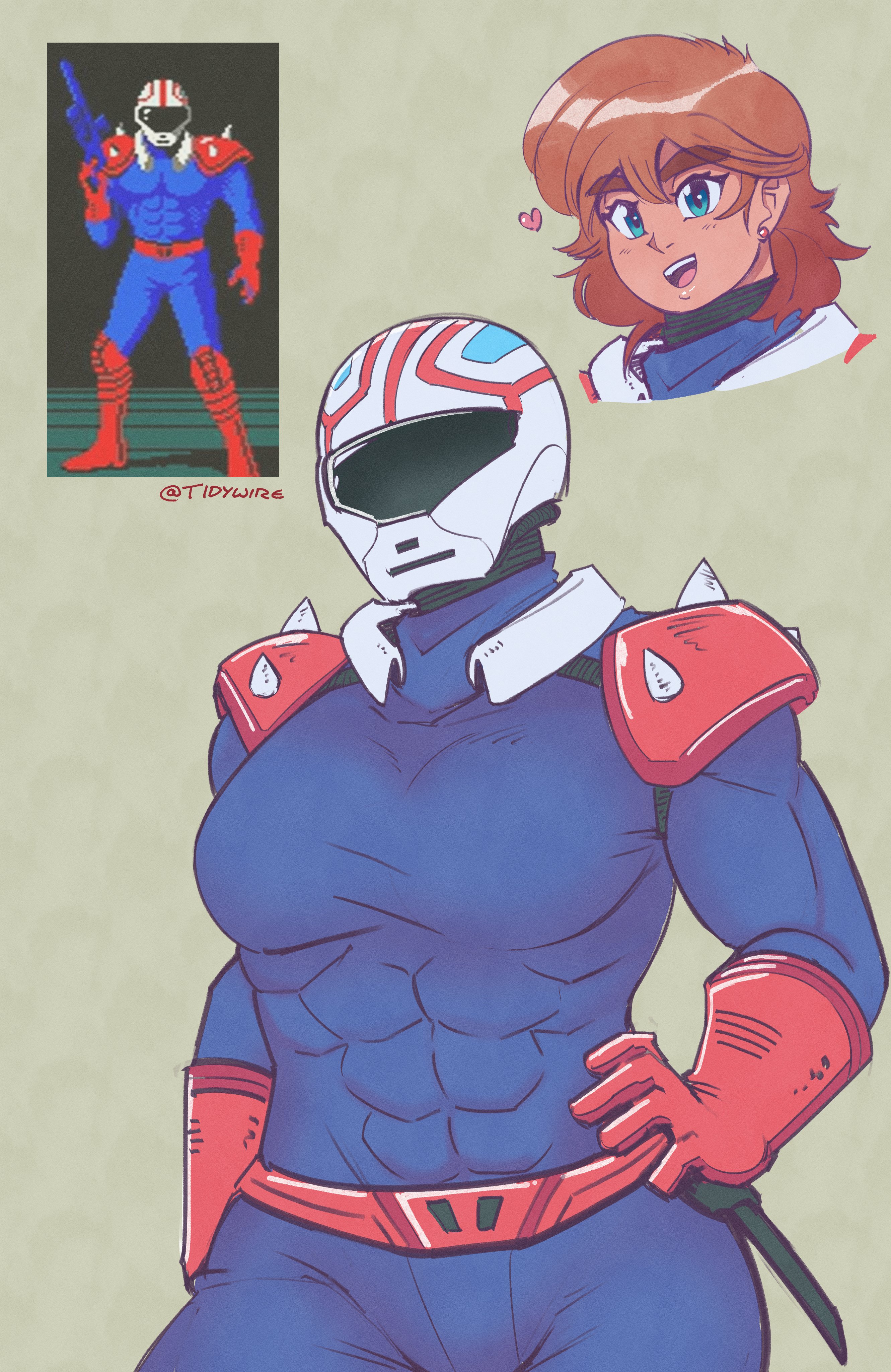 tidywire, mach rider (character), mach rider, absurdres, commentary, english commentary, highres, photo-referenced, reference photo, 1girl, belt, blue eyes, blue track suit, boots, brown hair, covered abs, earrings, gloves, grey background, gun, hand on own hip, heart, helmet, holding, holding gun, holding weapon, jewelry, open mouth, pelvic curtain, red belt, red boots, red gloves, shoulder pads, shoulder spikes, signature, simple background, single earring, solo, solo focus, spikes, thick eyebrows, track suit, weapon, white helmet