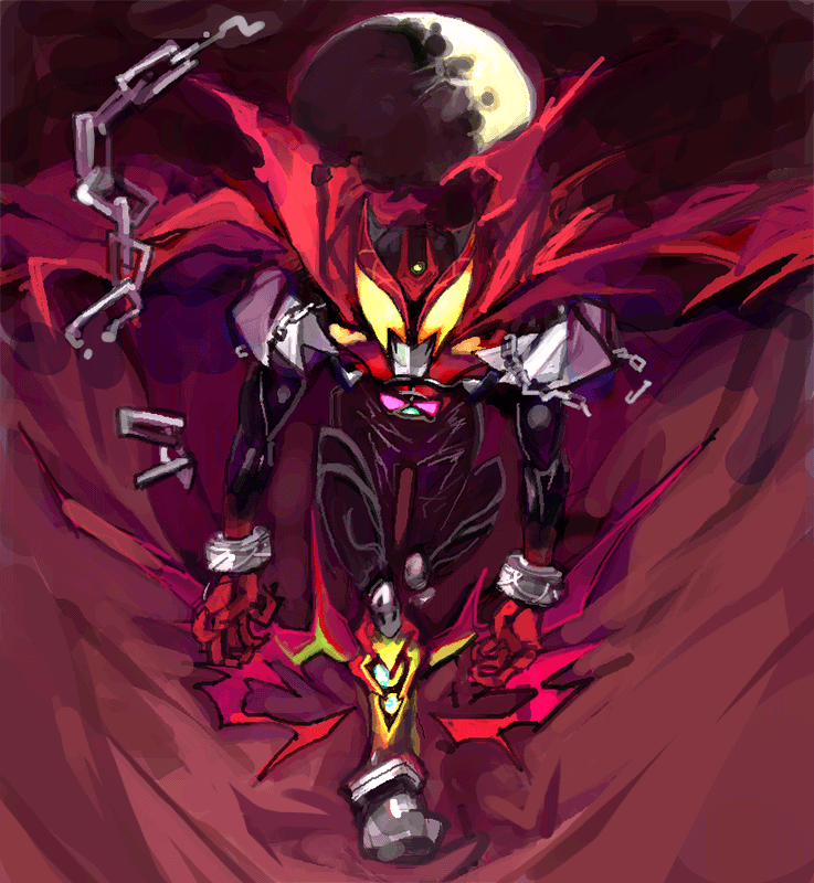 amiami, kamen rider kiva, kamen rider, kamen rider kiva (series), spawn (comic), bad id, bad pixiv id, 1boy, cape, chain, kamen rider kiva (sries), male focus, moon, parody, solo