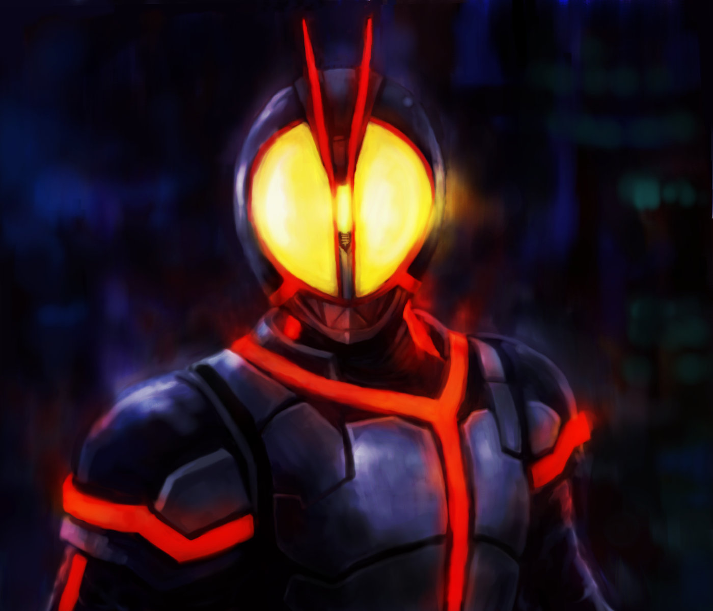 cpux4, kamen rider faiz, kamen rider, kamen rider 555, highres, 1boy, antennae, glowing, glowing eyes, male focus, neon trim, solo