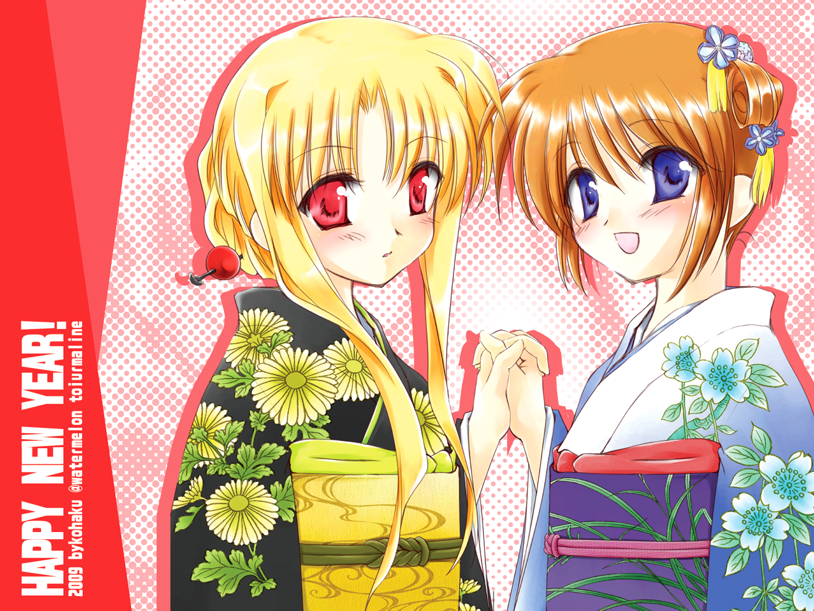 kohaku (raynart), fate testarossa, takamachi nanoha, lyrical nanoha, mahou shoujo lyrical nanoha, mahou shoujo lyrical nanoha a's, bad id, bad pixiv id, highres, 00s, 2009, 2girls, blonde hair, blue eyes, brown hair, hair bun, hair ornament, holding hands, japanese clothes, kimono, multiple girls, red eyes, single hair bun, yukata