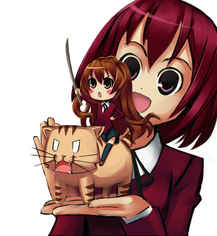 aeues, masquevale, aisaka taiga, kushieda minori, palmtop tiger, toradora!, bad id, bad pixiv id, 00s, 2girls, bokken, brown eyes, brown hair, long hair, mini person, minigirl, multiple girls, red eyes, red hair, school uniform, short hair, simple background, sword, thighhighs, tiger, weapon, white background, wooden sword