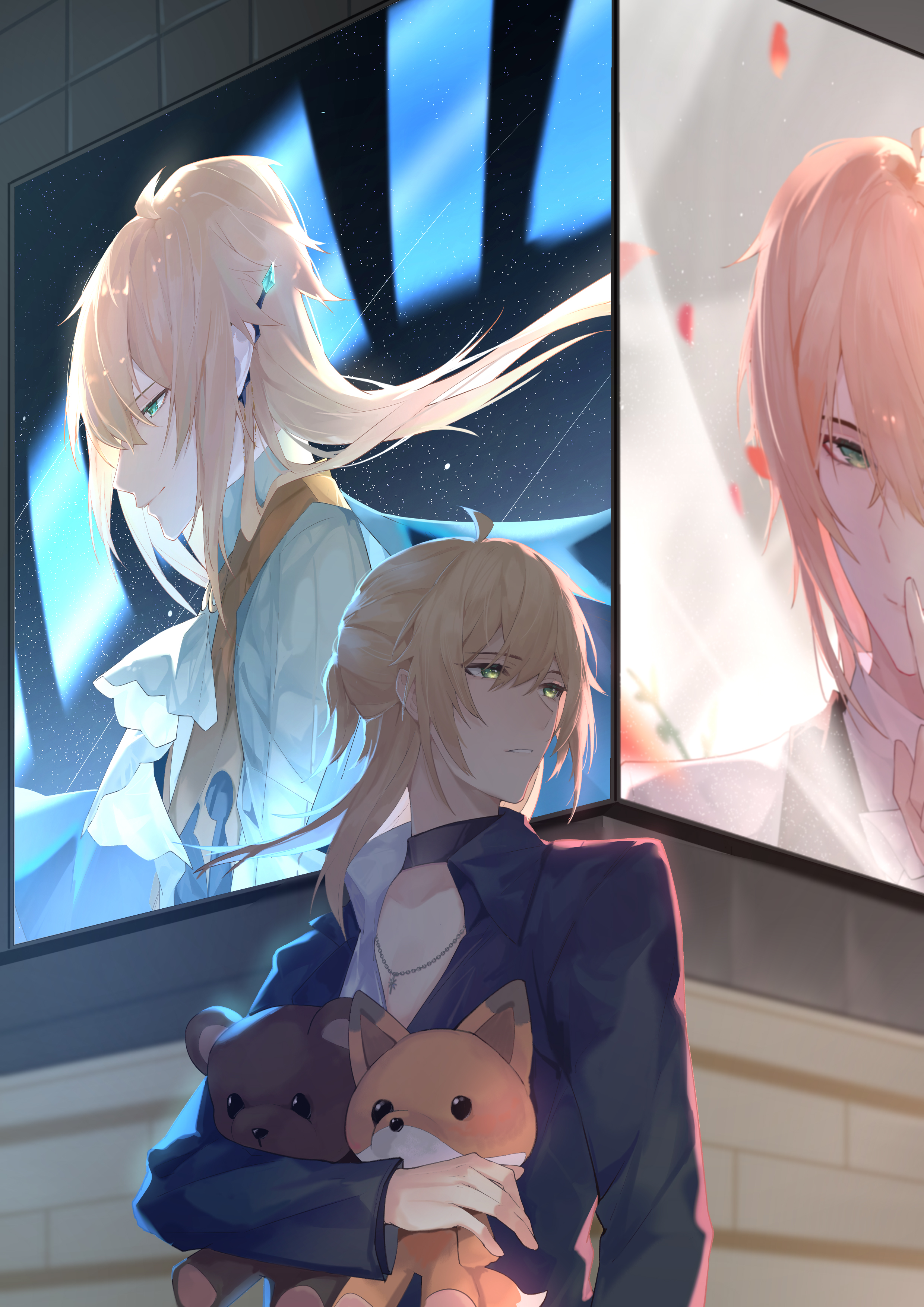 alkaid mcgrath, alkaid mcgrath (eden), alkaid mcgrath (godheim), lovebrush chronicles, absurdres, chinese commentary, commentary request, highres, 1boy, ahoge, backlighting, bell, billboard, black shirt, blonde hair, collared shirt, cross, cross necklace, green eyes, hair between eyes, half updo, holding, holding stuffed toy, jewelry, long sleeves, looking to the side, male focus, medium hair, mingci937, multiple persona, neck bell, necklace, parted lips, partially unbuttoned, shirt, solo, stuffed animal, stuffed fox, stuffed toy, teddy bear, tile wall, tiles, upper body