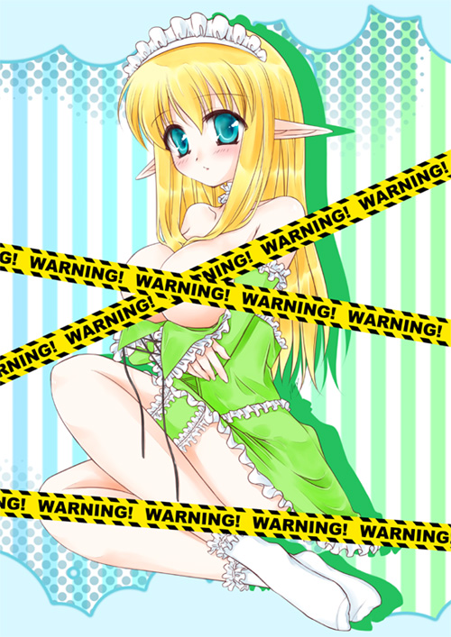 kohaku (raynart), tiffania westwood, zero no tsukaima, bad id, bad pixiv id, 00s, blonde hair, blue eyes, blush, breasts, caution tape, censored, elf, large breasts, long hair, pointy ears, socks, solo
