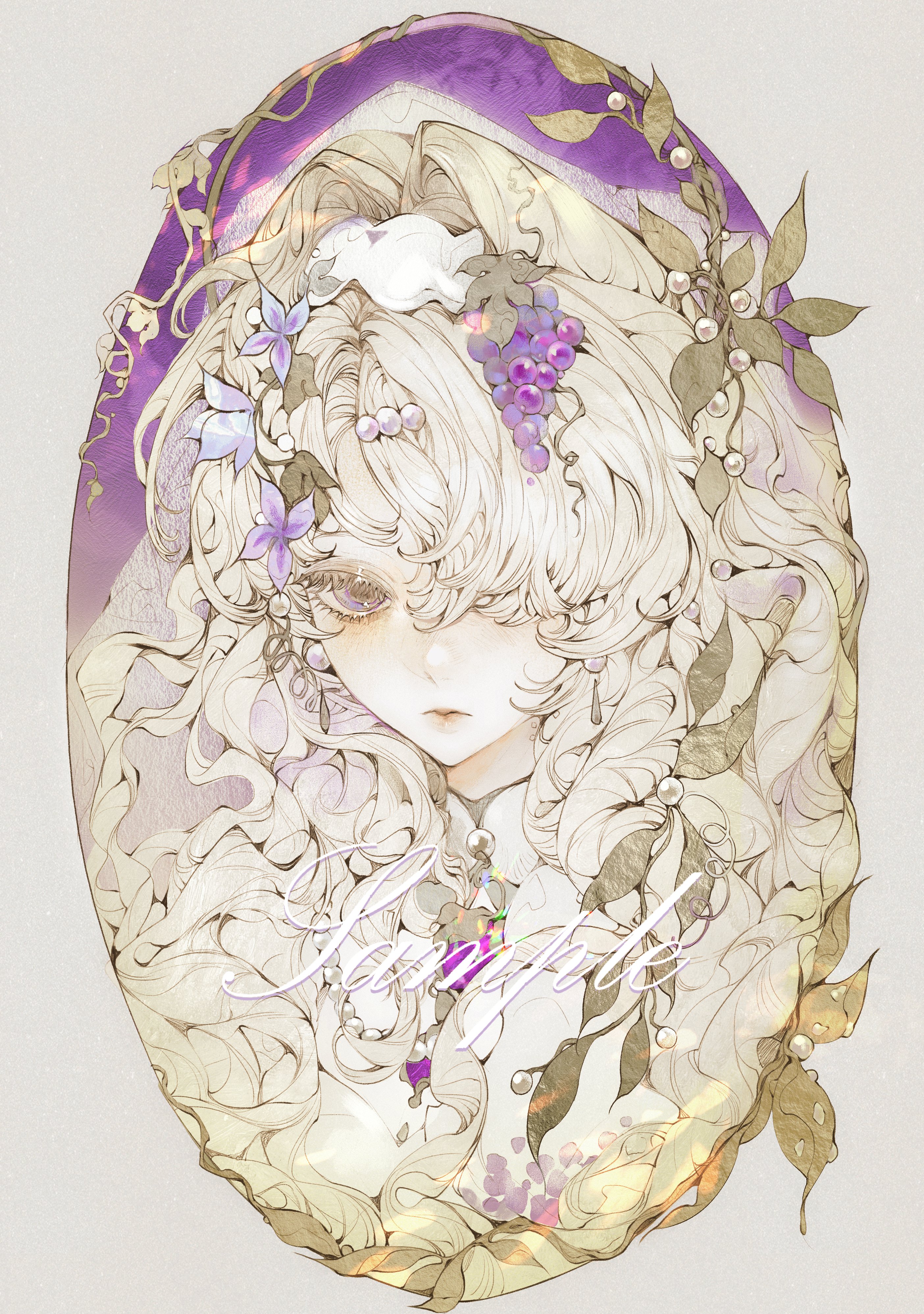 original, absurdres, highres, 1girl, blonde hair, closed mouth, dong guang, earrings, eyelashes, flower, food, fruit, gem, grapes, hair flower, hair intakes, hair ornament, hairband, jewelry, leaf, lips, long hair, looking at viewer, makeup, one eye covered, pearl (gemstone), pearl hair ornament, plant, portrait, purple eyes, purple flower, rouge (makeup), sample watermark, simple background, solo, vines, watermark, wavy hair, white hairband