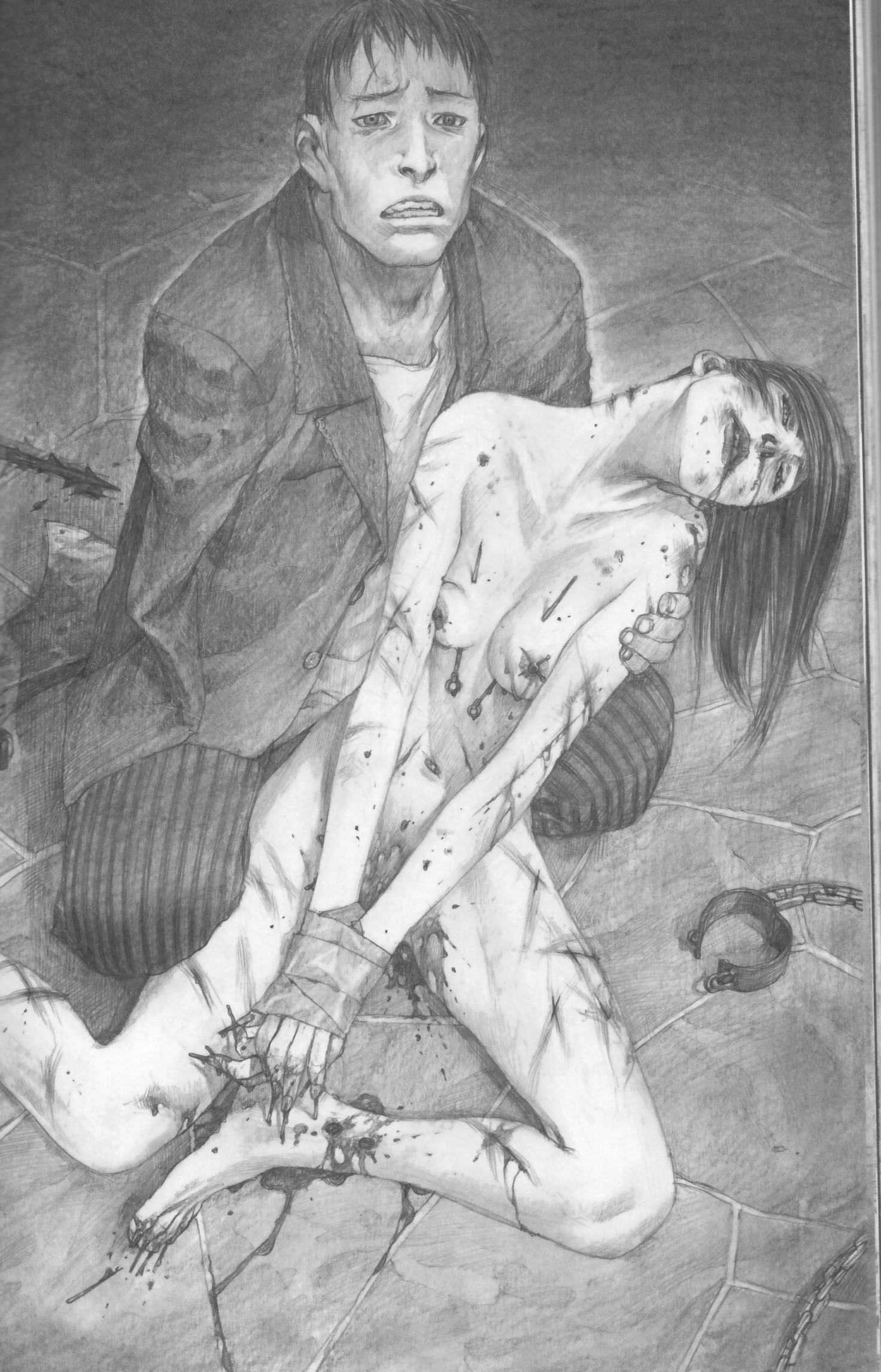 hiroaki samura, highres, scan, bad end, barefoot, blood, bound, bound arms, breasts, cuffs, cuts, guro, injury, monochrome, navel, nipples, nude, pencil, shackles, tape, toes, torture