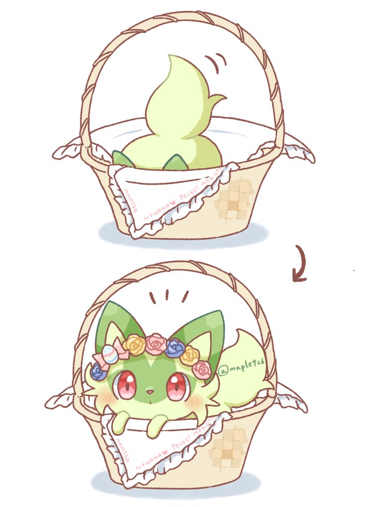 kana (maple926), sprigatito, nintendo, pokemon, commentary request, :o, animal focus, basket, blush, bow, cat, flower, multiple views, no humans, pink eyes, pokemon (creature), shadow, simple background, twitter username, white background