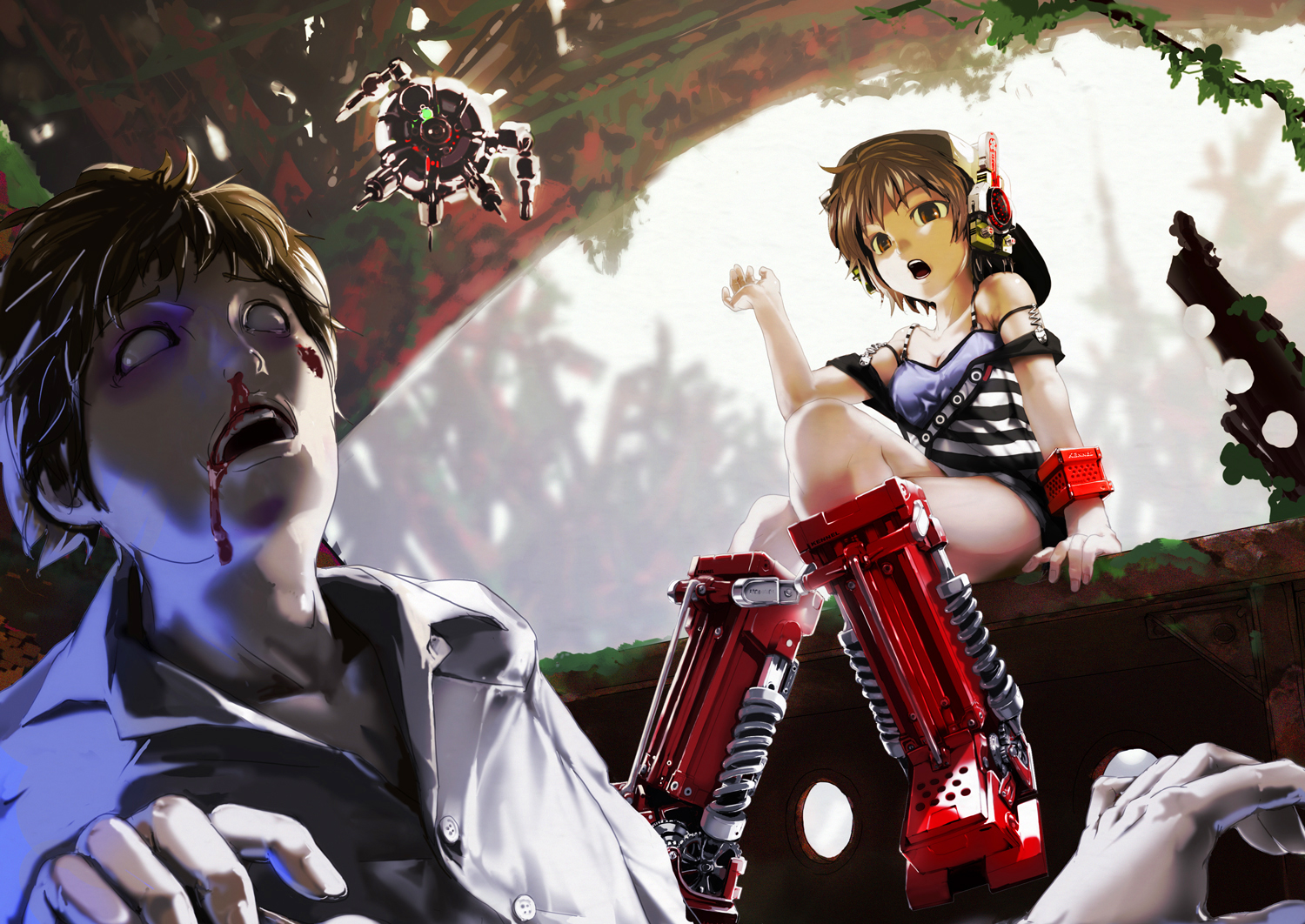 nekoita, original, bad id, bad pixiv id, 1boy, 1girl, blood, brown eyes, brown hair, crossed legs, empty eyes, headset, short hair, sitting, zombie