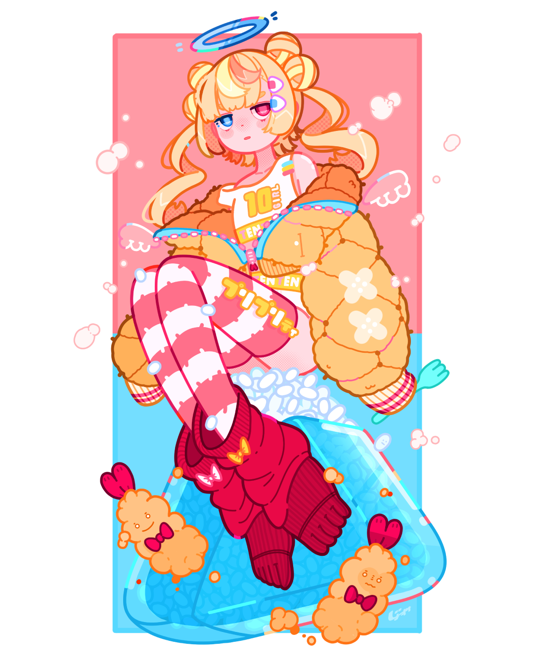 jo suke, original, commentary request, highres, 1girl, blue background, blue eyes, bubble, double bun, food, food-themed hair ornament, fork, frown, hair bun, hair ornament, halo, heterochromia, holding, holding fork, jacket, leg warmers, looking at viewer, onigiri, onigiri hair ornament, personification, quilted jacket, red background, red eyes, red leg warmers, red socks, red thighhighs, rice, simple background, socks, solo, striped clothes, striped thighhighs, tank top, tempura, thighhighs, thighs, two-tone background, white background, white tank top, white thighhighs, yellow jacket