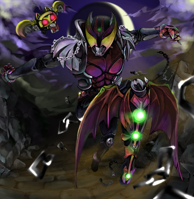 kukun, kamen rider kiva, kivat-bat iii, kamen rider, kamen rider kiva (series), bat (animal), bat wings, chain, moon, wings