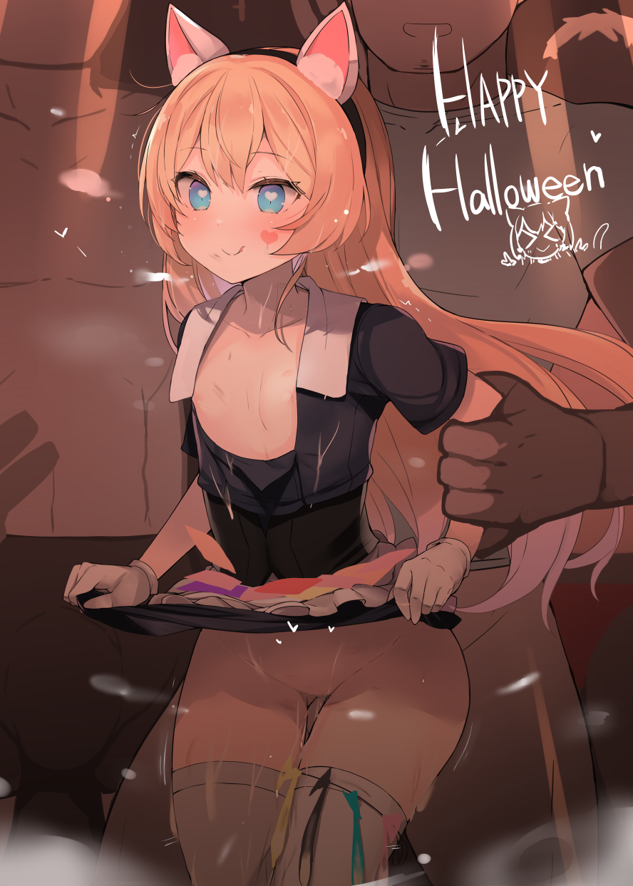 shin (new), jervis (halloween) (kancolle), jervis (kancolle), kantai collection, commentary request, highres, 1girl, 2boys, animal ears, black shirt, blonde hair, blue eyes, blush, breasts, castle, cat ears, clothes lift, condom, fake animal ears, gloves, gluteal fold, happy halloween, heart, heart-shaped pupils, long hair, looking at viewer, multiple boys, nipples, open clothes, open shirt, shirt, skirt, skirt lift, small breasts, solo focus, symbol-shaped pupils, thigh gap, thighhighs, underwear, used condom, white gloves, white thighhighs
