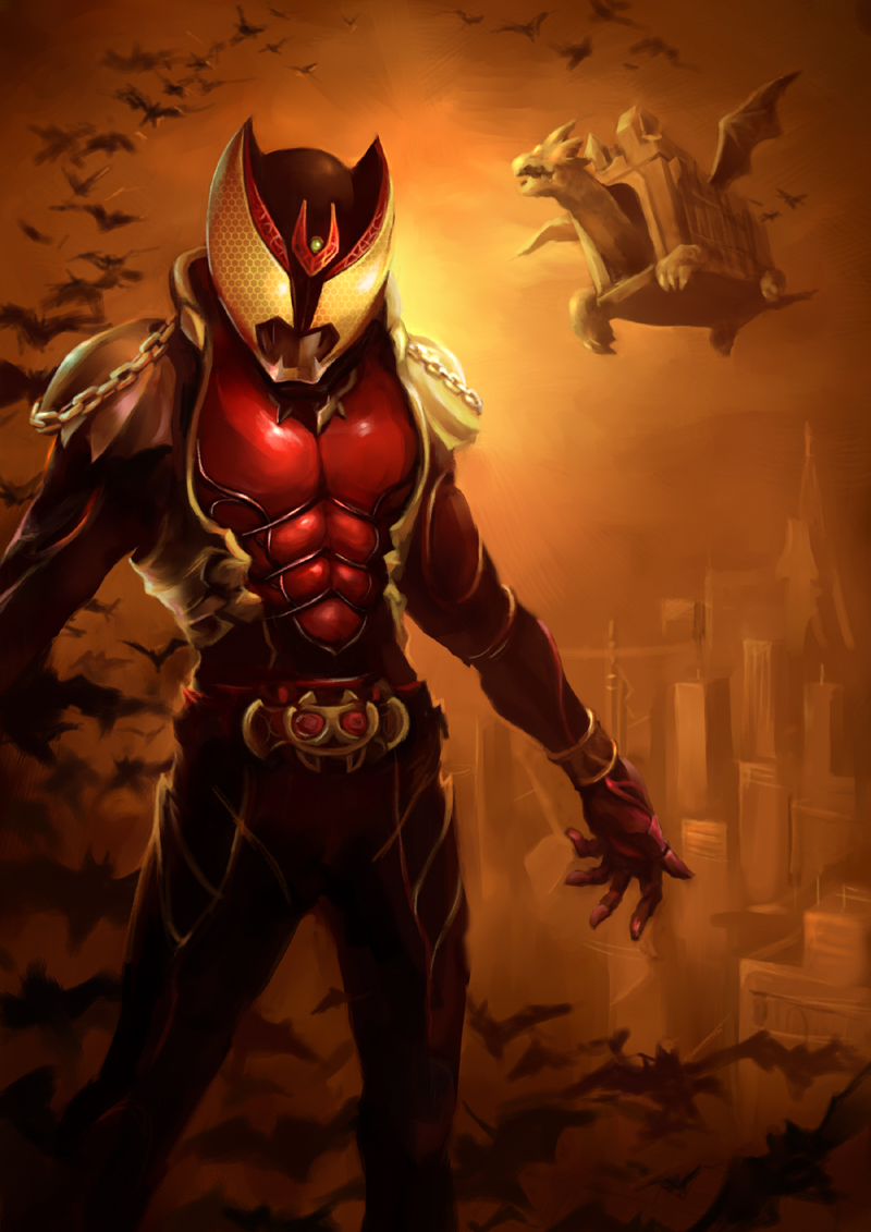karee, castle doran, kamen rider kiva, kivat-bat iii, kamen rider, kamen rider kiva (series), 1boy, animal, backlighting, bat (animal), belt, bodysuit, building, chain, cityscape, claws, cowboy shot, dragon, helmet, looking at viewer, outdoors, shoulder pads, skin tight, standing