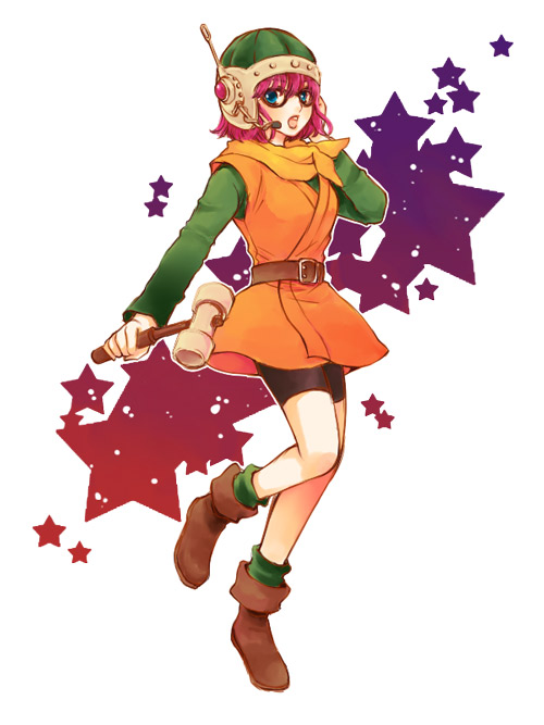 yukaris, lucca ashtear, chrono (series), chrono trigger, 1990s (style), antennae, bike shorts, blue eyes, boots, glasses, hammer, headset, helmet, open mouth, purple hair, retro artstyle, short hair, simple background, standing, standing on one leg, star (symbol), white background