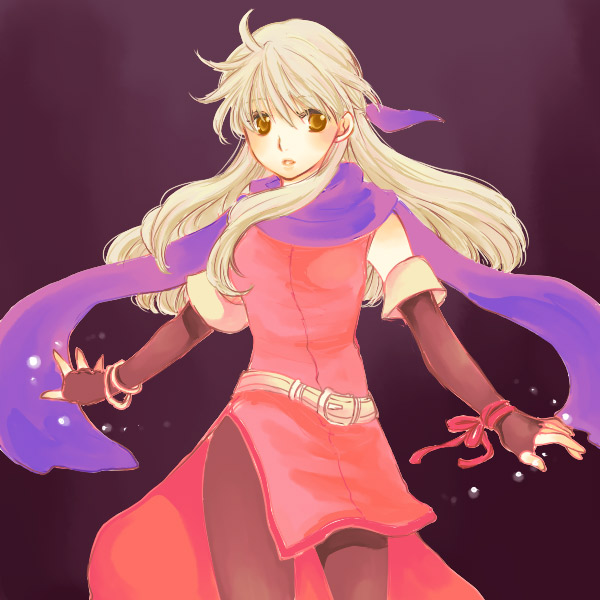 yukaris, micaiah (fire emblem), fire emblem, fire emblem: radiant dawn, nintendo, silver hair, 1girl, bare shoulders, black background, black gloves, black pantyhose, blue scarf, dress, elbow gloves, fingerless gloves, gloves, hair ribbon, half updo, long hair, pantyhose, ribbon, scarf, side slit, simple background, sleeveless, sleeveless dress, yellow eyes