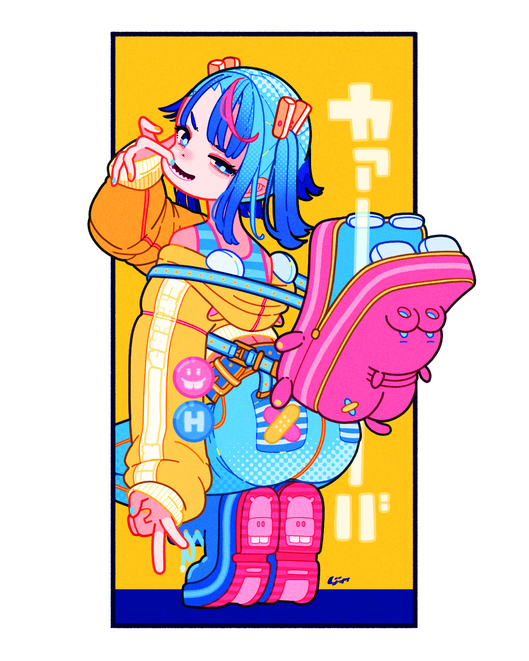 jo suke, hungry hungry hippos, original, commentary request, highres, 1girl, animal bag, ass, backpack, bag, black border, blue eyes, blue hair, blue shoes, blue tank top, border, buttons, denim, jacket, jeans, long sleeves, multicolored hair, pants, pink bag, pink hair, sharp teeth, shoes, short hair, sideways mouth, simple background, squatting, streaked hair, striped tank top, tank top, teeth, track jacket, v, white border, yellow background, yellow jacket