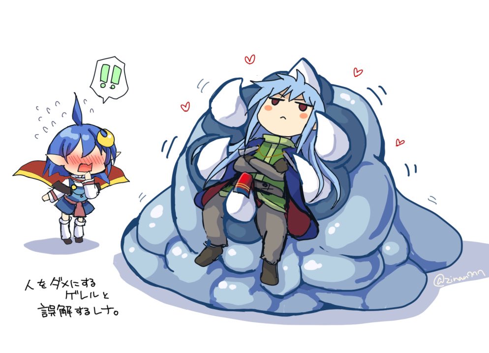 zinan, dias flac, rena lanford, star ocean, star ocean: the second story, 1boy, 1girl, ahoge, blue hair, blush, cape, chibi, closed mouth, crescent, crescent hair ornament, full-face blush, full body, hair ornament, monster, open mouth, pointy ears, red cape, short hair, simple background, white background