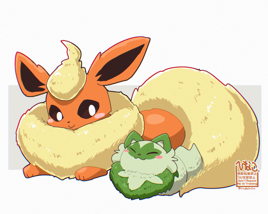 hinako iroiro, flareon, sprigatito, nintendo, pokemon, commentary request, animal focus, blush, blush stickers, bright pupils, brown eyes, cat loaf, closed eyes, closed mouth, gen 1 pokemon, lying, no humans, pokemon (creature), pokemon focus, smile, twitter username, white pupils