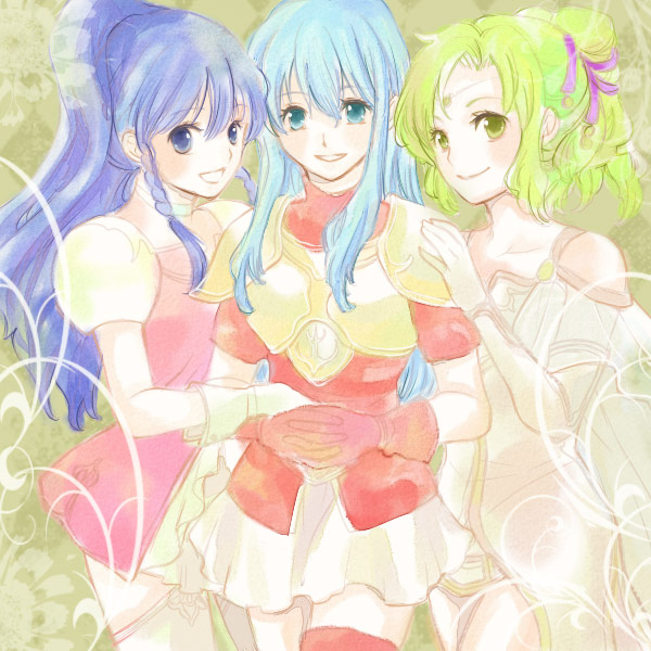 yukaris, eirika (fire emblem), l'arachel (fire emblem), tana (fire emblem), fire emblem, fire emblem: the sacred stones, nintendo, hands together, pegasus knight uniform (fire emblem), 3girls, aqua eyes, armor, blue eyes, blue hair, cape, circlet, dress, elbow gloves, gloves, green eyes, green hair, group hug, happy, hug, long hair, multiple girls, ponytail, princess, red thighhighs, short hair, skirt, smile, thighhighs, white thighhighs, zettai ryouiki
