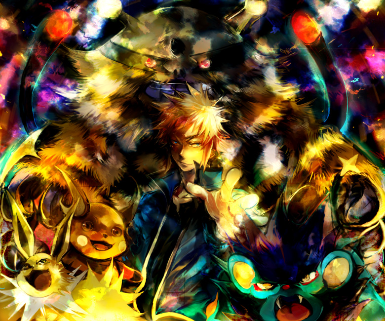 toriko (hatoriko), electivire, jolteon, luxray, raichu, volkner (pokemon), nintendo, pokemon, 1boy, blonde hair, blue eyes, gen 1 pokemon, gen 4 pokemon, gym leader, jacket, open mouth, pokemon (creature), smirk