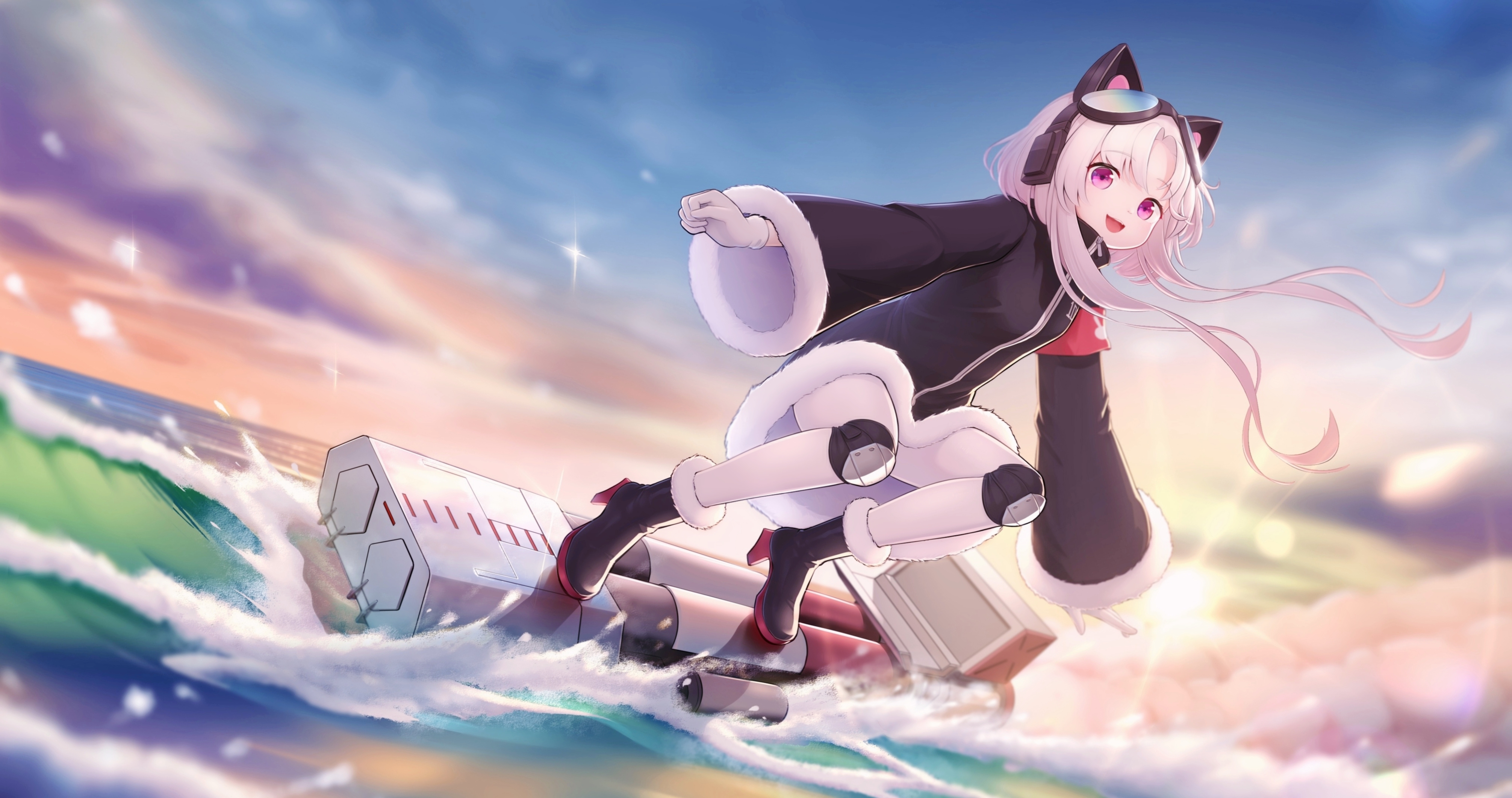 starnight stuka, chang chun (azur lane), chang chun (retrofit) (azur lane), azur lane, absurdres, commentary request, highres, 1girl, animal ear headphones, animal ears, black coat, boots, cat ear headphones, cat ears, cloud, cloudy sky, coat, fake animal ears, full body, fur-trimmed boots, fur-trimmed coat, fur trim, goggles, goggles on head, headphones, high heels, long hair, long sleeves, looking at viewer, open mouth, pantyhose, red eyes, sky, surfing, water, white pantyhose, wide sleeves
