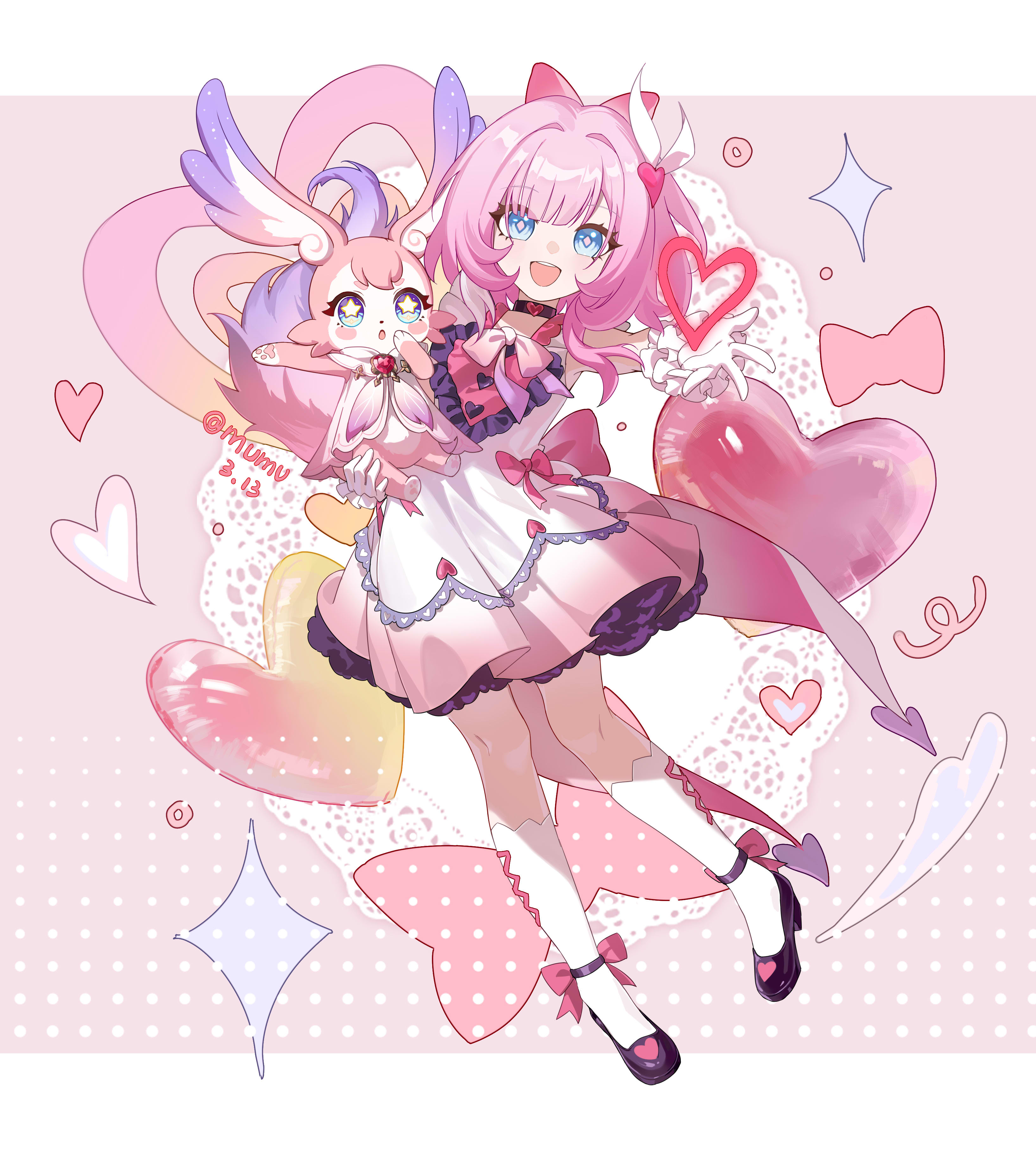 mumu123, cyrene (aedes elysiae) (honkai: star rail), cyrene (honkai: star rail), mem (honkai: star rail), honkai: star rail, honkai (series), absurdres, commentary request, highres, 1girl, animal, black choker, black shoes, blue eyes, choker, dress, gloves, hair ornament, heart, holding, holding animal, looking at viewer, multicolored hair, open mouth, pink dress, pink hair, shoes, short hair, smile, socks, star-shaped pupils, star (symbol), symbol-shaped pupils, two-tone hair, white gloves, white hair, white socks