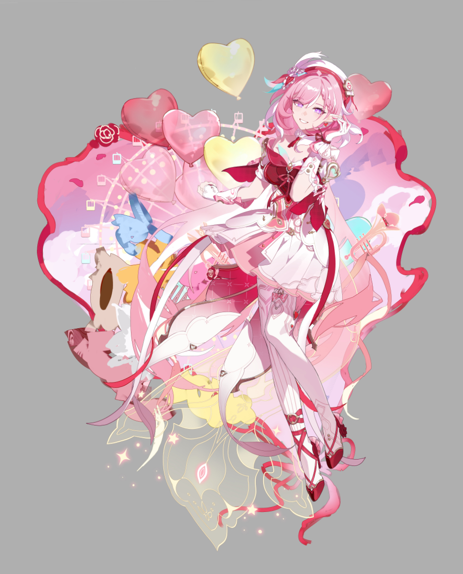 mumu123, elysia (hi love elf) (honkai impact), elysia (honkai impact), honkai (series), honkai impact 3rd, commentary request, 1girl, balloon, beret, breasts, diamond-shaped pupils, diamond (shape), dress, earrings, elf, full body, grey background, hat, heart, heart balloon, heart earrings, high heels, jewelry, large breasts, long hair, looking at viewer, multicolored hair, pink hair, pointy ears, purple eyes, red dress, simple background, smile, solo, symbol-shaped pupils, thighhighs, two-tone dress, two-tone hair, very long hair, white dress, white hair, white thighhighs