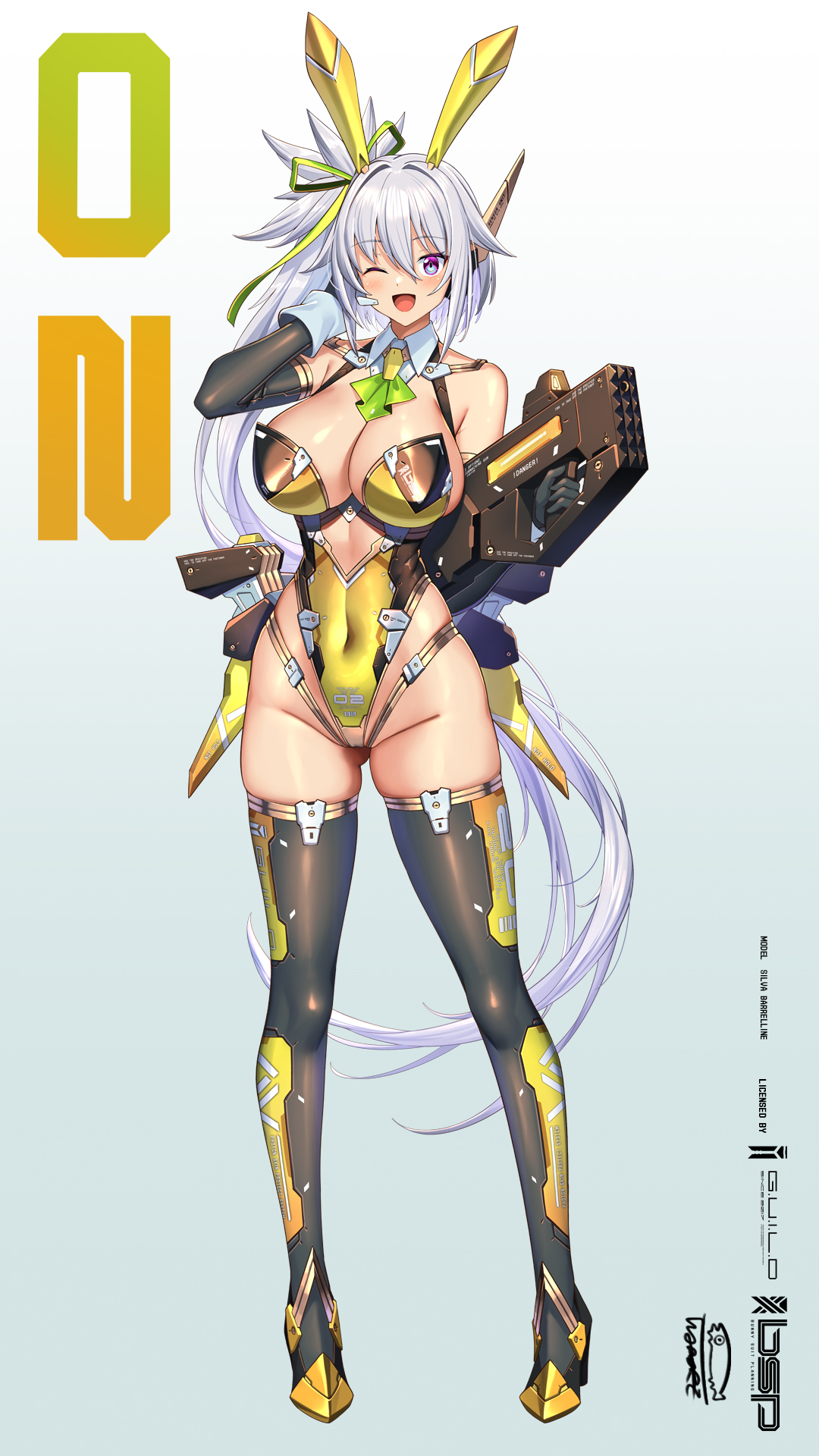 takamine nadare, silva barrelline, commentary request, highres, 1girl, ;d, animal ears, ascot, black thighhighs, breasts, bunny suit planning, cleavage, covered navel, fake animal ears, full body, gradient background, green ascot, grey background, grey hair, gun, hair between eyes, holding, holding gun, holding weapon, large breasts, leotard, long hair, looking at viewer, one eye closed, open mouth, ponytail, purple eyes, rabbit ears, smile, solo, standing, thighhighs, very long hair, weapon, yellow leotard