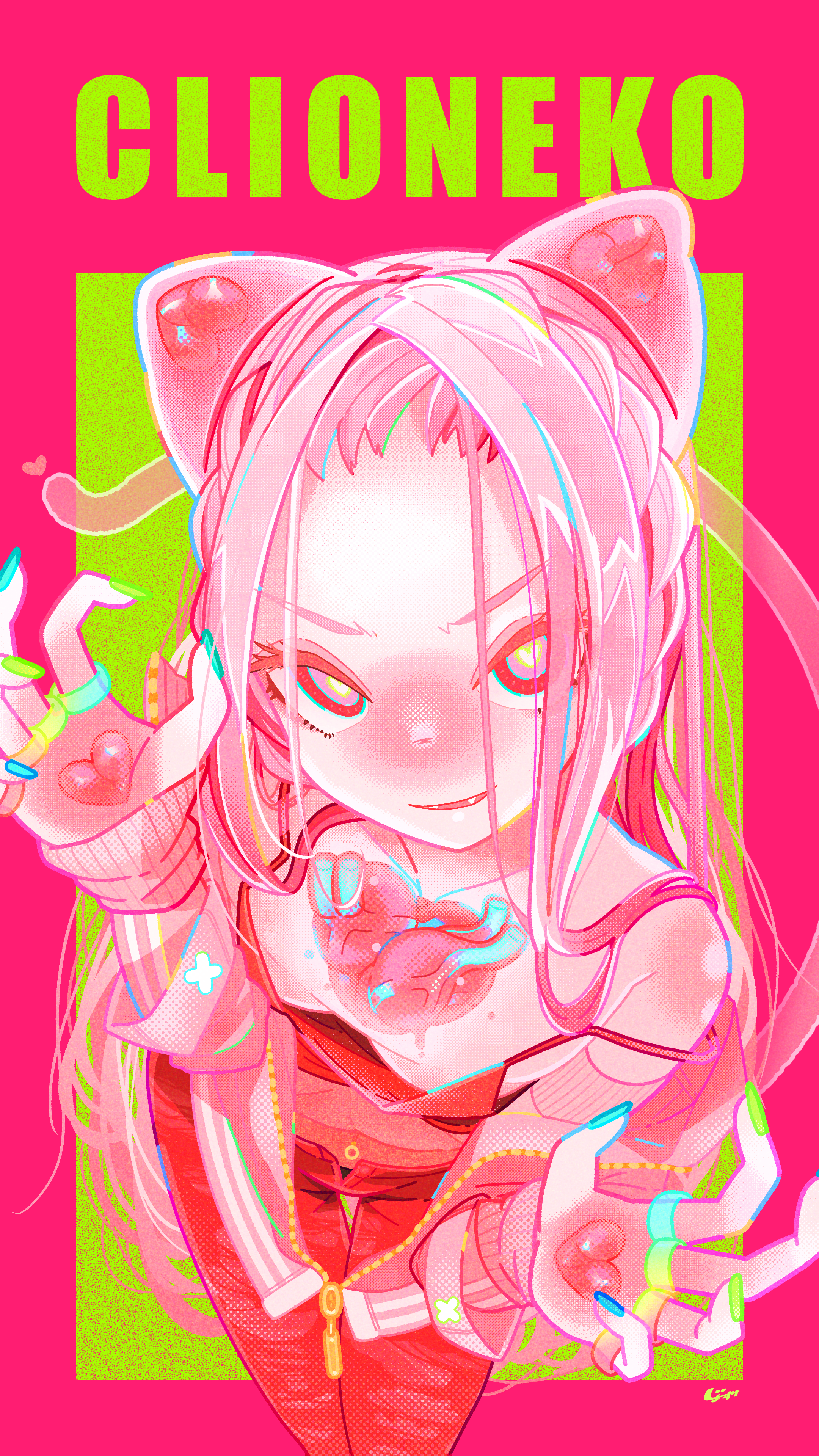 jo suke, original, absurdres, commentary, english commentary, highres, animal ears, blue nails, border, claw pose, colored skin, dress, feet out of frame, green background, green nails, hands up, heart (organ), jacket, jewelry, long hair, looking at viewer, multicolored nails, multiple rings, off shoulder, pantyhose, personification, pink border, pink eyes, pink hair, pink jacket, pink skin, red dress, red pantyhose, ring, sea angel, simple background, smile, tail, translucent hair, very long hair, zipper