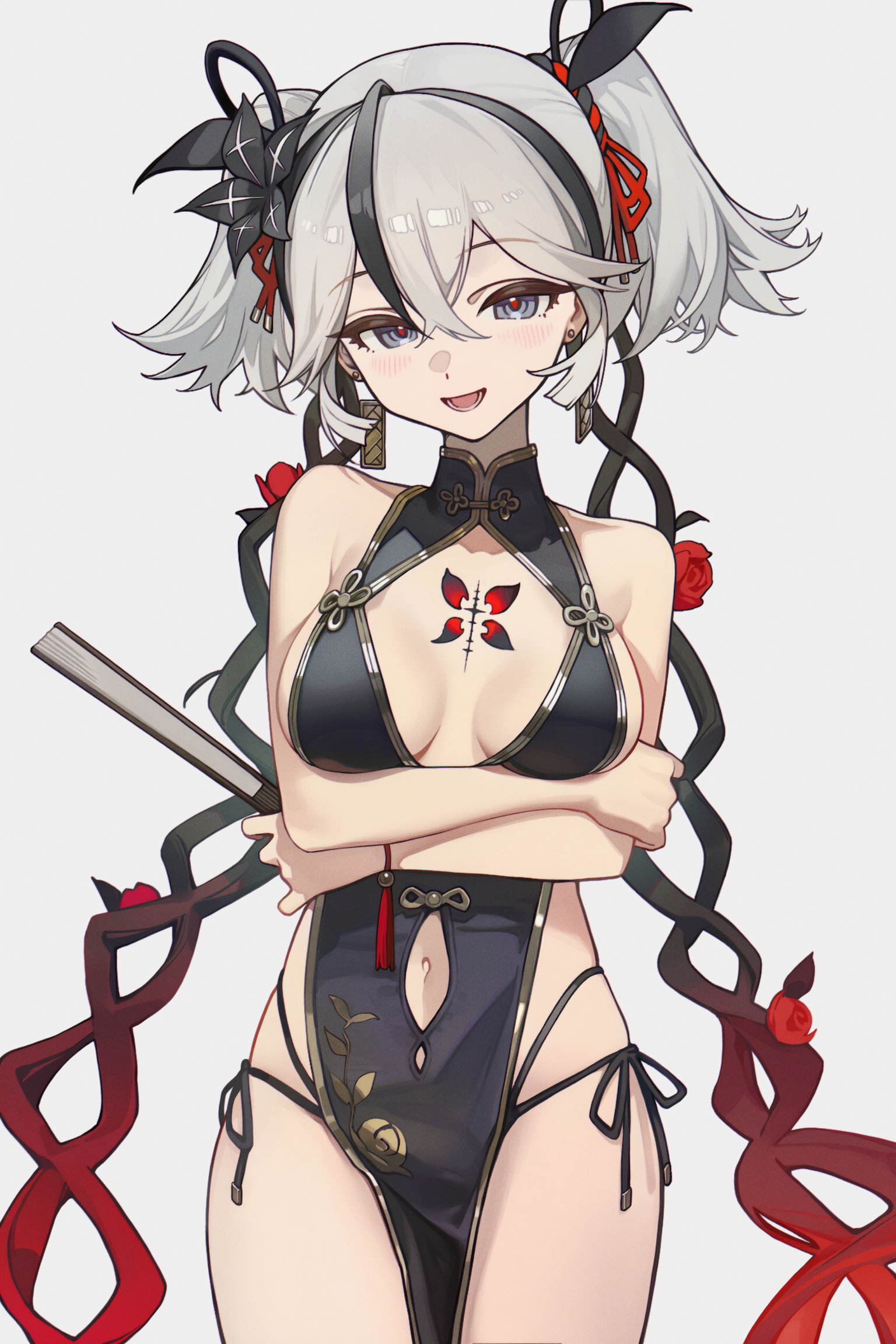 kurisu~tina, camellya (wuthering waves), wuthering waves, commentary, highres, 1girl, alternate costume, arms under breasts, bare shoulders, black dress, black flower, black panties, blake bloom (wuthering waves), breasts, cleavage, clothing cutout, dress, earrings, flower, folded fan, folding fan, gold earrings, grey background, grey eyes, grey hair, hair between eyes, hair flower, hair ornament, hair vines, hand fan, holding, holding fan, jewelry, looking at viewer, medium breasts, multi-strapped panties, navel, navel cutout, open mouth, panties, red pupils, short hair, short twintails, side-tie panties, simple background, smile, solo, tacet mark (wuthering waves), thighs, twintails, underwear