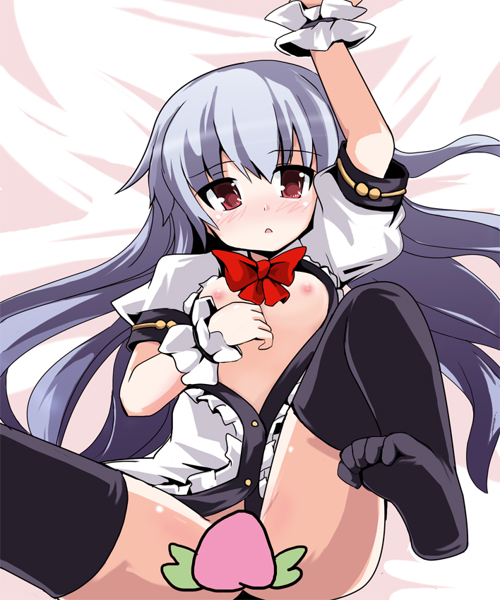 fa no hito, hinanawi tenshi, touhou, bad id, bad pixiv id, 1girl, bed sheet, black thighhighs, blue hair, blush, bottomless, breasts, censored, female focus, flat chest, long hair, lying, nipples, no bra, no headwear, no panties, on back, open clothes, open shirt, red eyes, shirt, solo, spread legs, thighhighs, toe scrunch, wrist cuffs