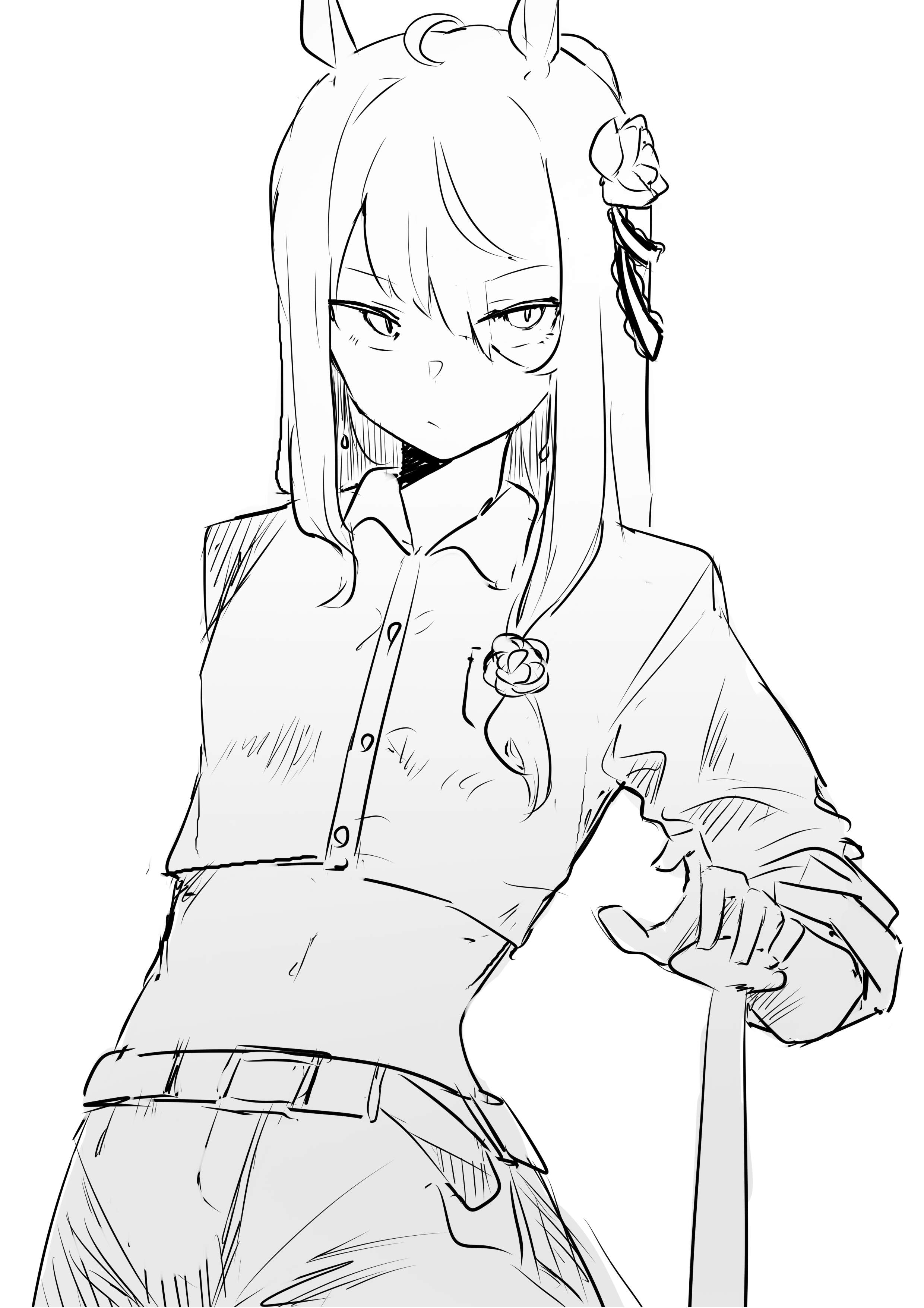 remise, cyan (horse race tests), superstitional realism, horse race tests, absurdres, highres, 1girl, ahoge, animal ears, belt, belt buckle, breasts, buckle, buttons, collared shirt, flower, hair flower, hair ornament, hair ribbon, horse ears, horse girl, looking to the side, medium hair, midriff, monochrome, pants, ribbon, shirt, sidelocks, simple background, sleeves rolled up, small breasts, solo, upper body, white background, white pants, white shirt, white theme