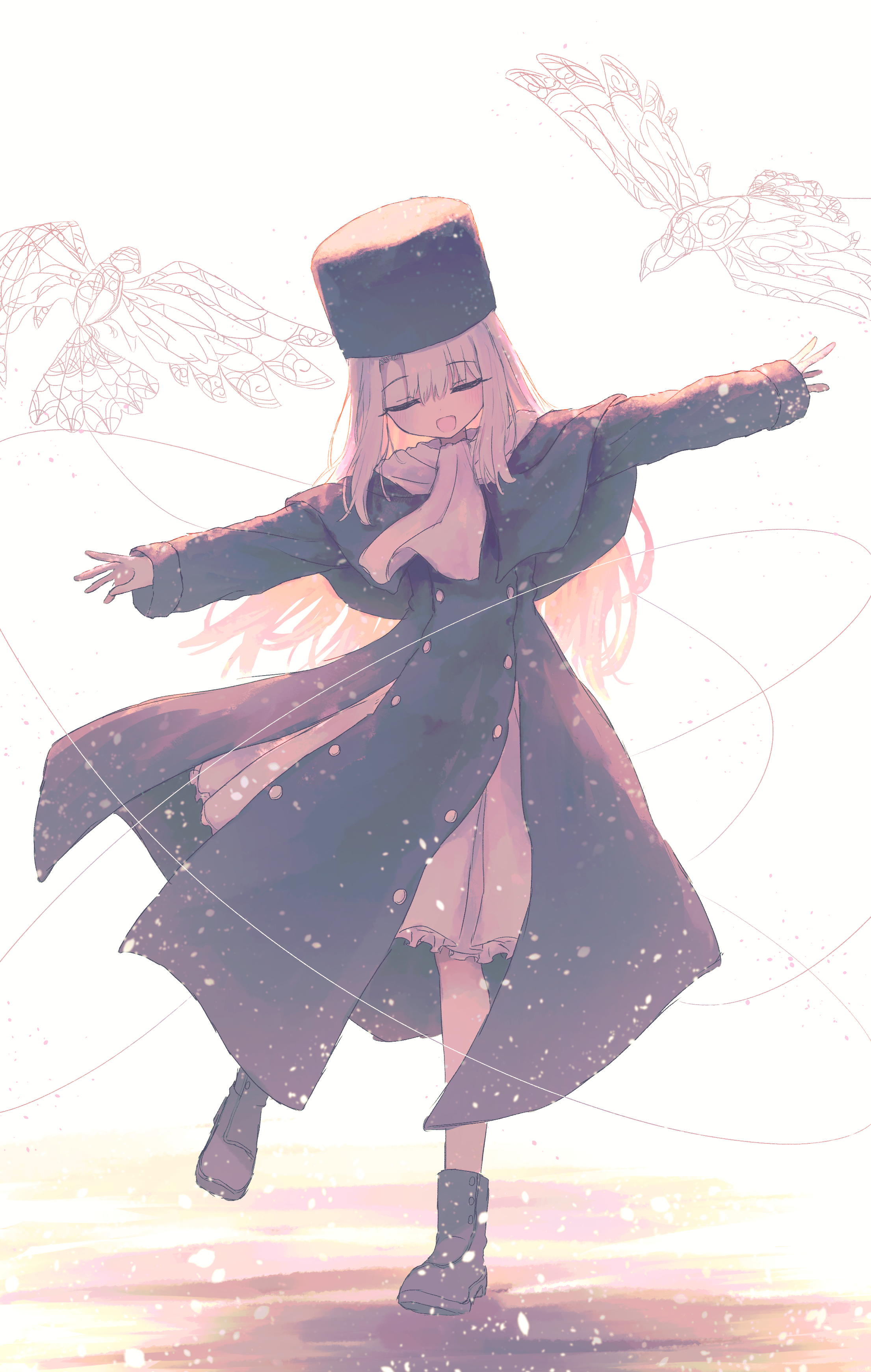 moron (miroir1120), illyasviel von einzbern, fate/stay night, fate (series), absurdres, commentary, highres, symbol-only commentary, 1girl, boots, closed eyes, coat, full body, hat, long hair, open mouth, outstretched arms, smile, snowing, solo, spread arms, white hair, winter clothes