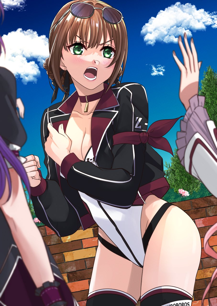 runrui kaku, duvalie, nadia rayne, renne (eiyuu densetsu), eiyuu densetsu, hajimari no kiseki, commentary request, commission, highres, skeb commission, 3girls, armband, blue sky, blush, bob cut, breasts, brown hair, choker, cleavage, cloud, cropped jacket, embarrassed, eyewear on head, green eyes, hair between eyes, hair bun, highleg, highleg leotard, leotard, long sleeves, multiple girls, open mouth, outdoors, over-kneehighs, pendant choker, race queen, red armband, short hair, sky, solo focus, sunglasses, thighhighs, thighs, upper body, white leotard