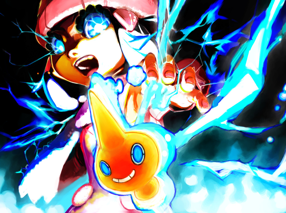 kawase hanikamu, on (pixiv), dawn (pokemon), rotom, rotom (normal), nintendo, pokemon, pokemon dppt, 00s, 1girl, alternate costume, black hair, blue eyes, electricity, epic, gen 4 pokemon, hair ornament, hairclip, hat, open mouth, outstretched arm, outstretched hand, pokemon (creature), reaching, scarf, smile, winter clothes