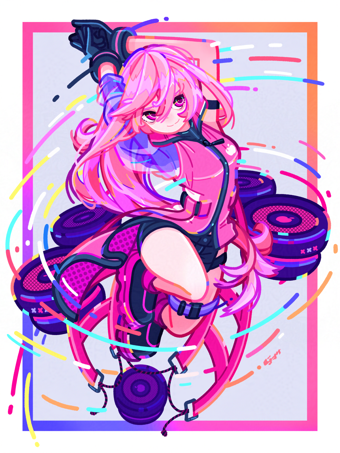 jo suke, indie utaite, commentary request, commission, highres, skeb commission, 1girl, arms up, black gloves, black shoes, black shorts, border, coat, colored tips, full body, gloves, grey background, jumping, long hair, looking at viewer, multicolored hair, orange border, pink border, pink coat, pink eyes, pink hair, pomme (utaite), purple border, shoes, shorts, simple background, smile, solo, speaker, tailcoat, thigh strap, thighs, two-tone border, very long hair, white border