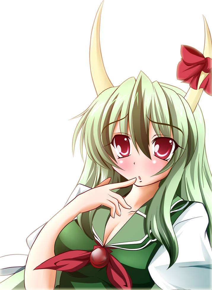 geo (yukishitadou), ex-keine, kamishirasawa keine, touhou, 1girl, blush, breasts, cleavage, female focus, green hair, horns, large breasts, long hair, red eyes, ribbon, simple background, solo, white background