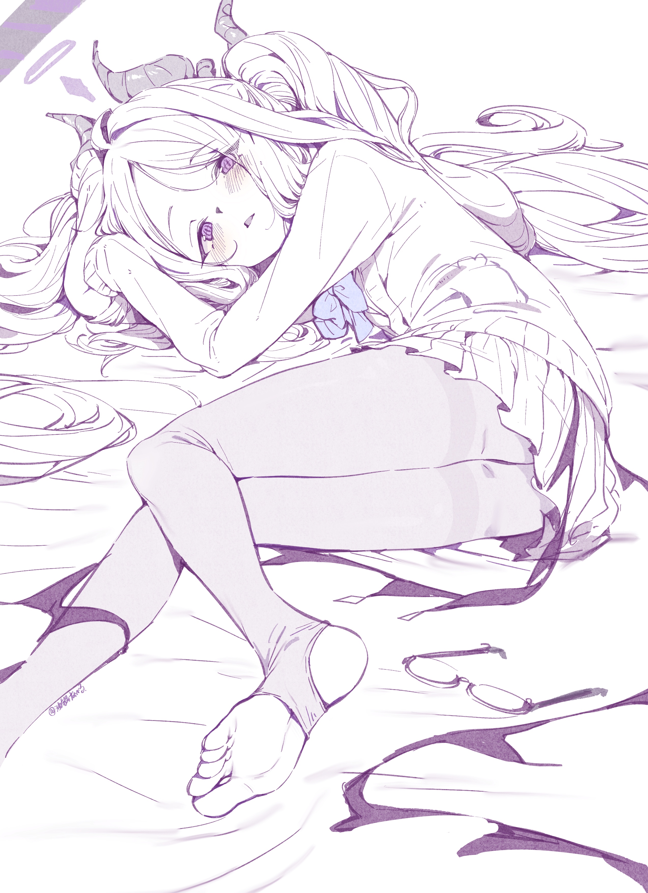 youguo naberu, hina (blue archive), blue archive, 1girl, glasses, horns, looking at viewer, lying, on side, purple eyes, solo, stirrup legwear, toeless legwear, unworn eyewear