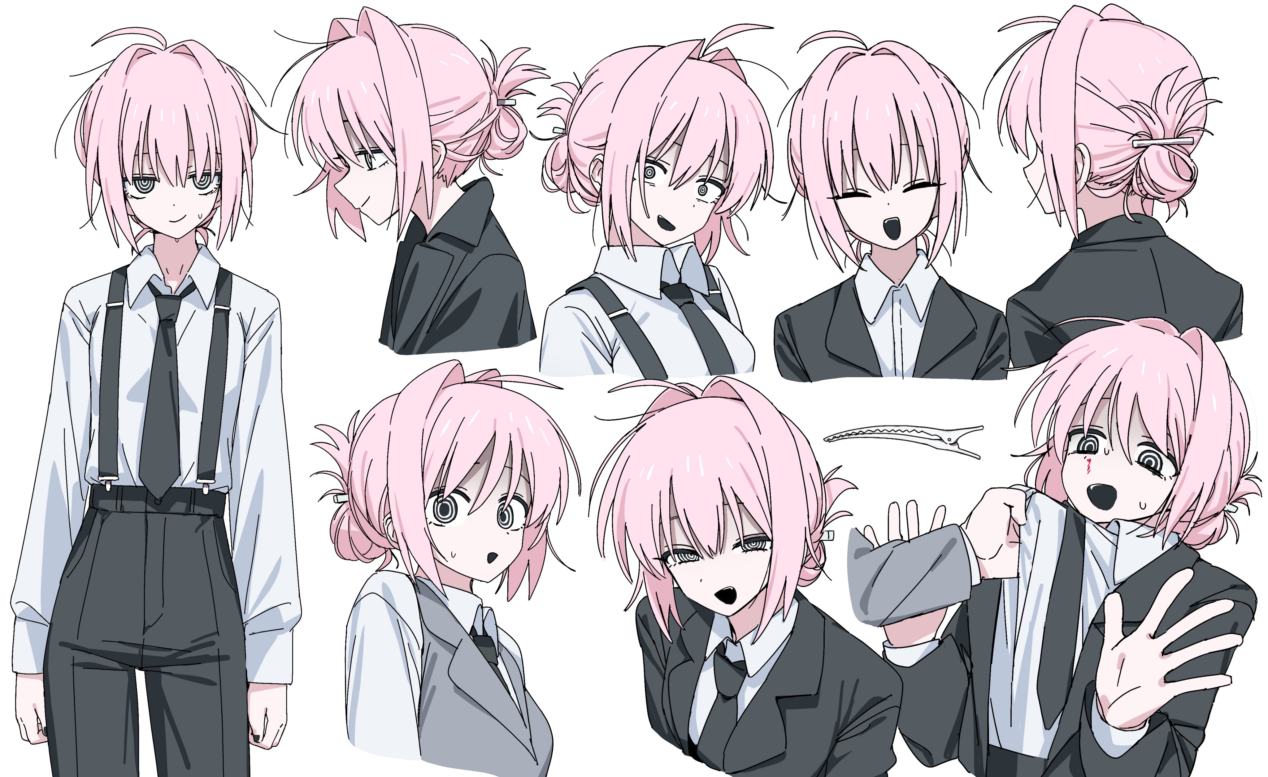 channel (caststation), original, 1girl, black shirt, formal clothes, multiple views, necktie, pink hair, ringed eyes, shirt, smile, suit, white shirt