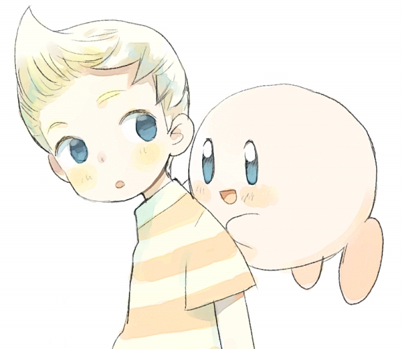 kirby, lucas (mother 3), kirby (series), mother (series), mother 3, nintendo, super smash bros., 1boy, blonde hair, blue eyes, male focus, quiff, shirt, smile, striped clothes, striped shirt