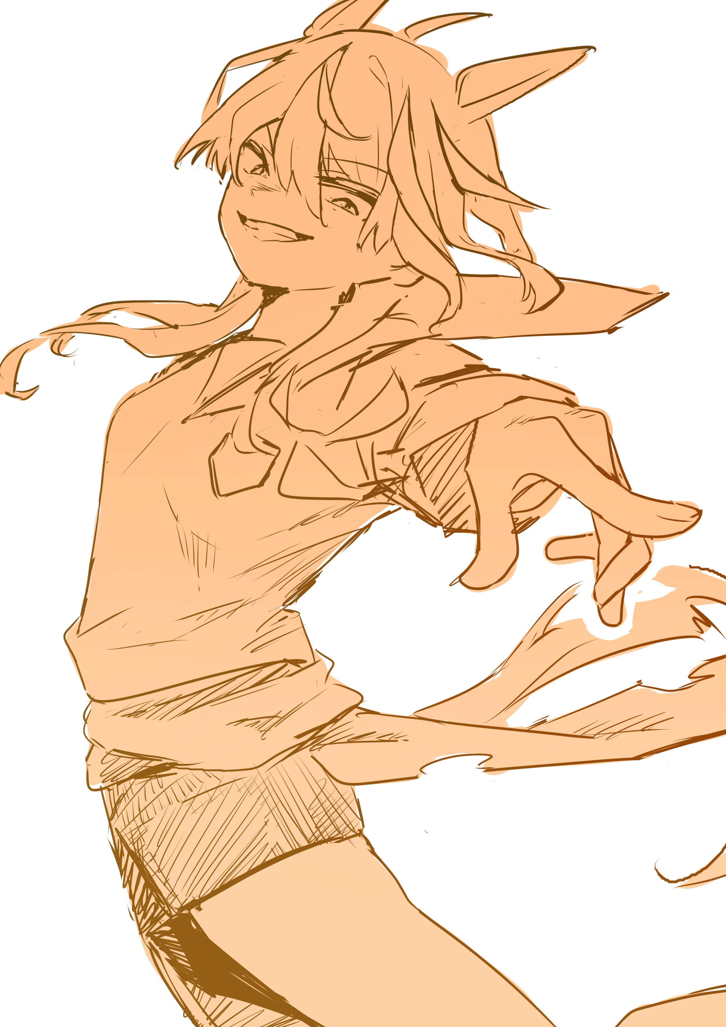 remise, jovial merryment, horse race tests, absurdres, highres, 1girl, animal ears, black shorts, breasts, feet out of frame, floating, grin, horse ears, horse girl, long sleeves, looking down, medium hair, monochrome, orange hair, orange shirt, orange theme, pointing, pointing at viewer, shirt, shorts, simple background, small breasts, smile, solo, teeth, white background