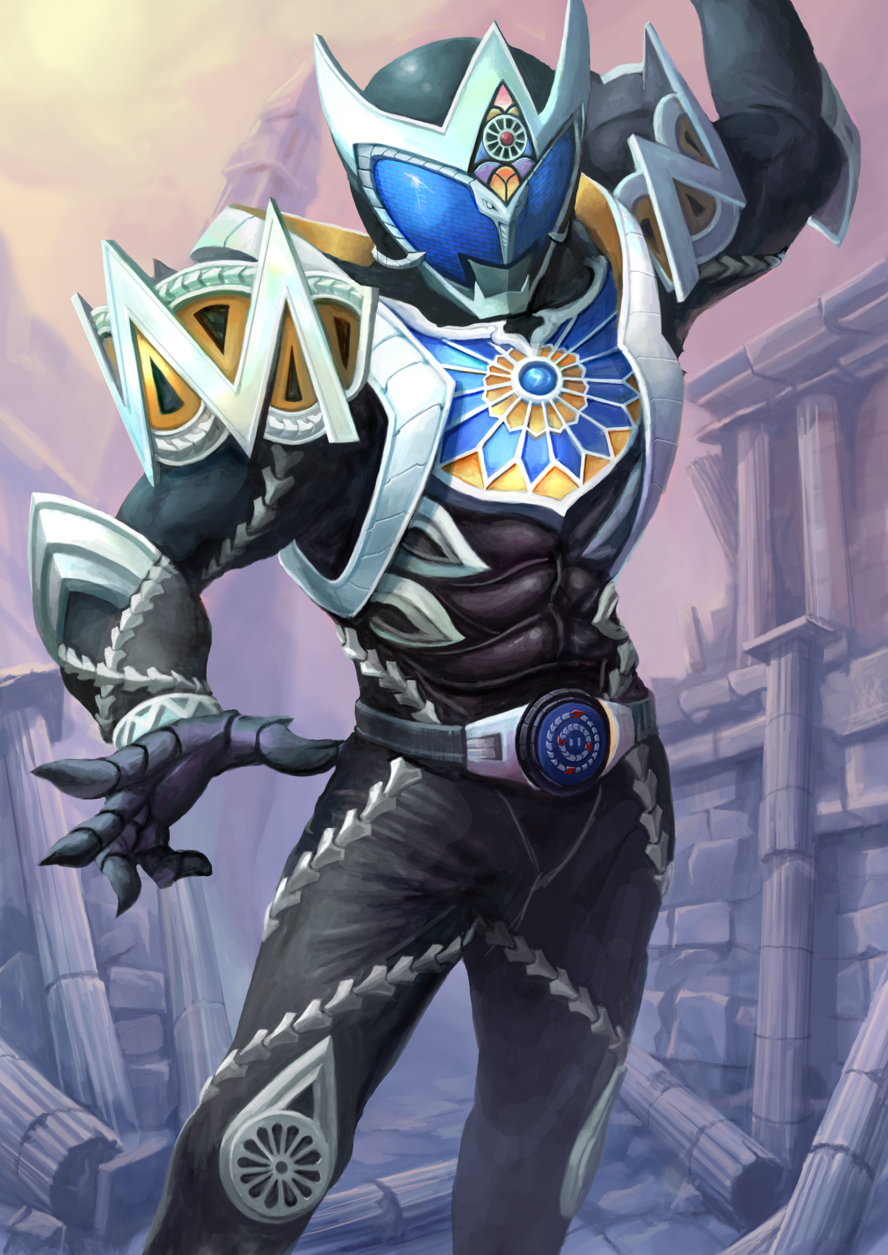 karee, kamen rider saga, kamen rider, kamen rider kiva (series), absurdres, highres, belt, male focus, ruins, solo