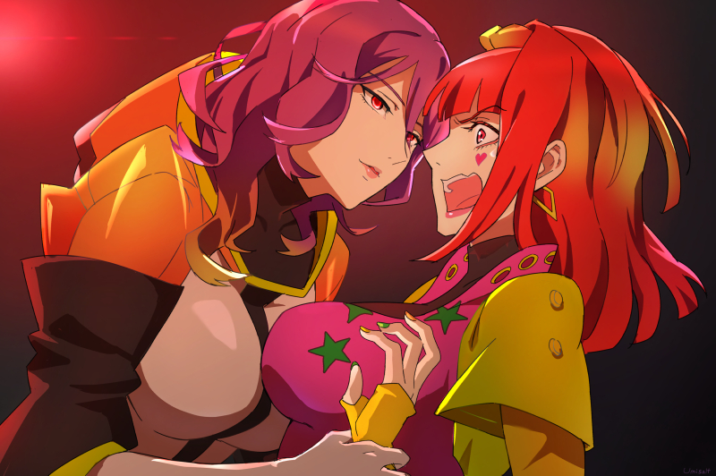 umi soruto, gina (gnosia), sq (gnosia), gnosia, commentary request, 2girls, earrings, gloves, hair between eyes, half up bun, heart, heart earrings, heart tattoo, high ponytail, jewelry, lips, long hair, long sleeves, multiple girls, nail polish, ponytail, red eyes, red hair, short hair, simple background, tattoo, turtleneck, upper body